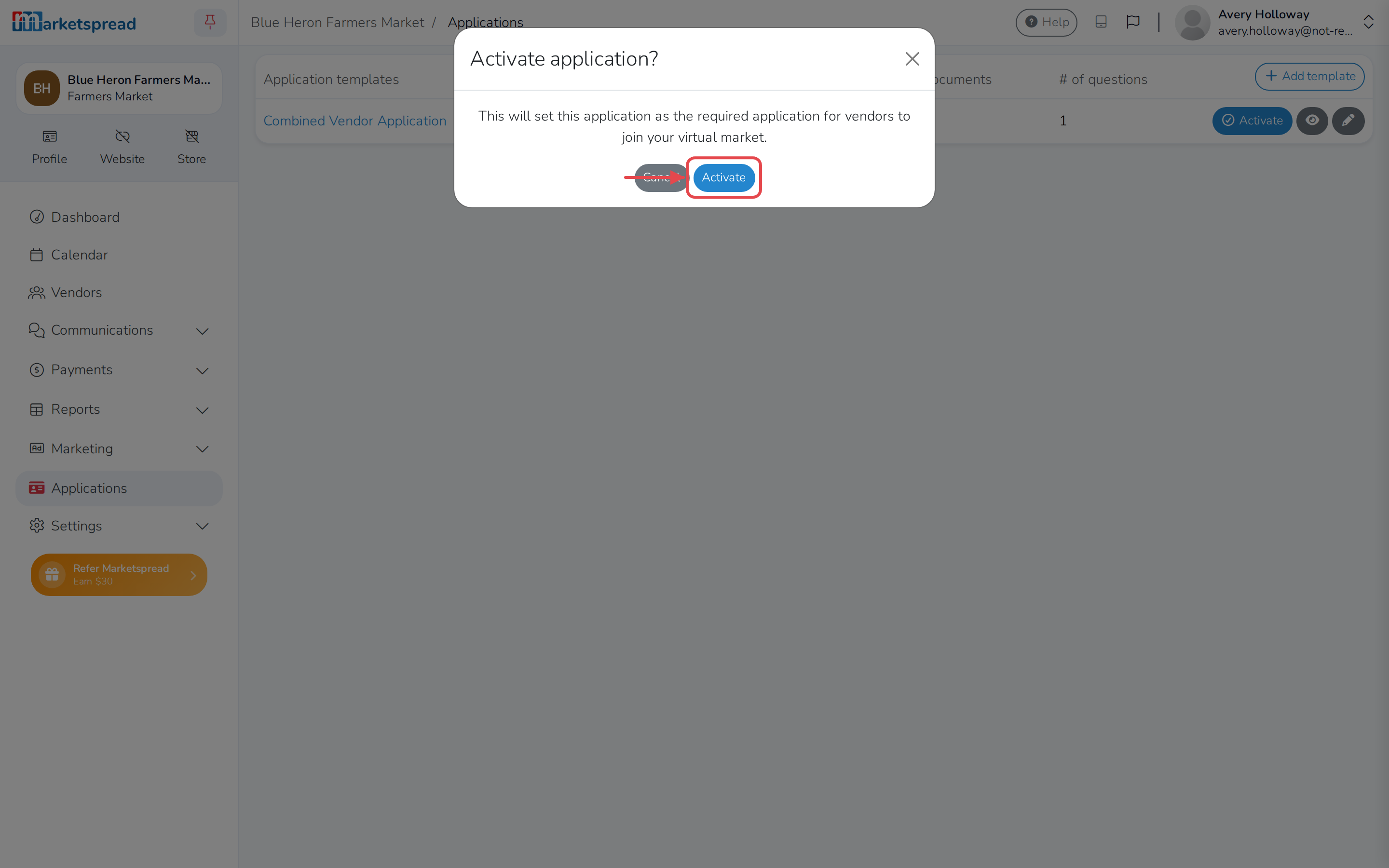 The confirmation before activating the application, so vendors can start applying