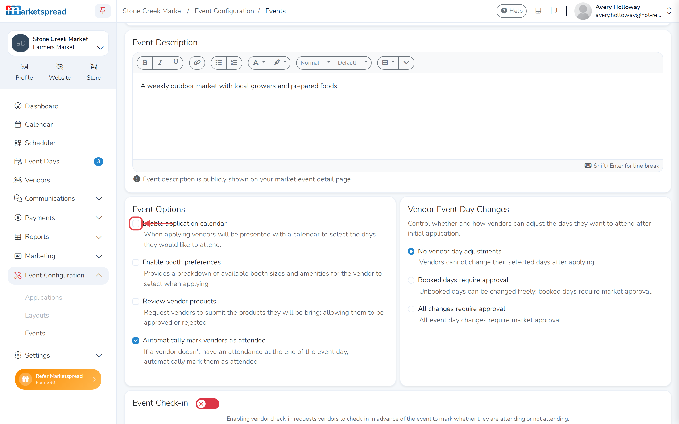 The Basic edit form, with Enable application calendar off and Save basic ready