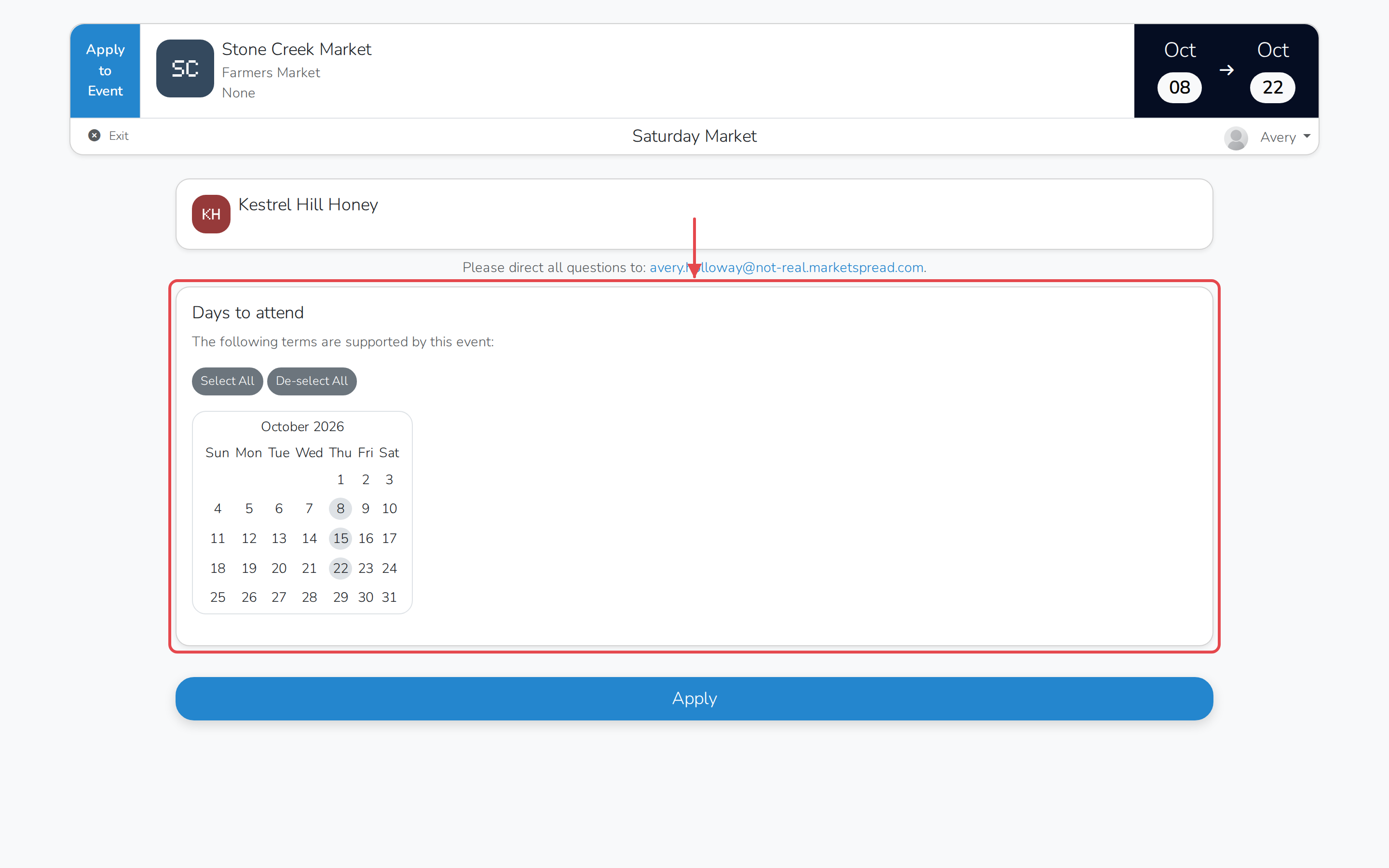 The Days to attend calendar on the application, with every available day a grey circle