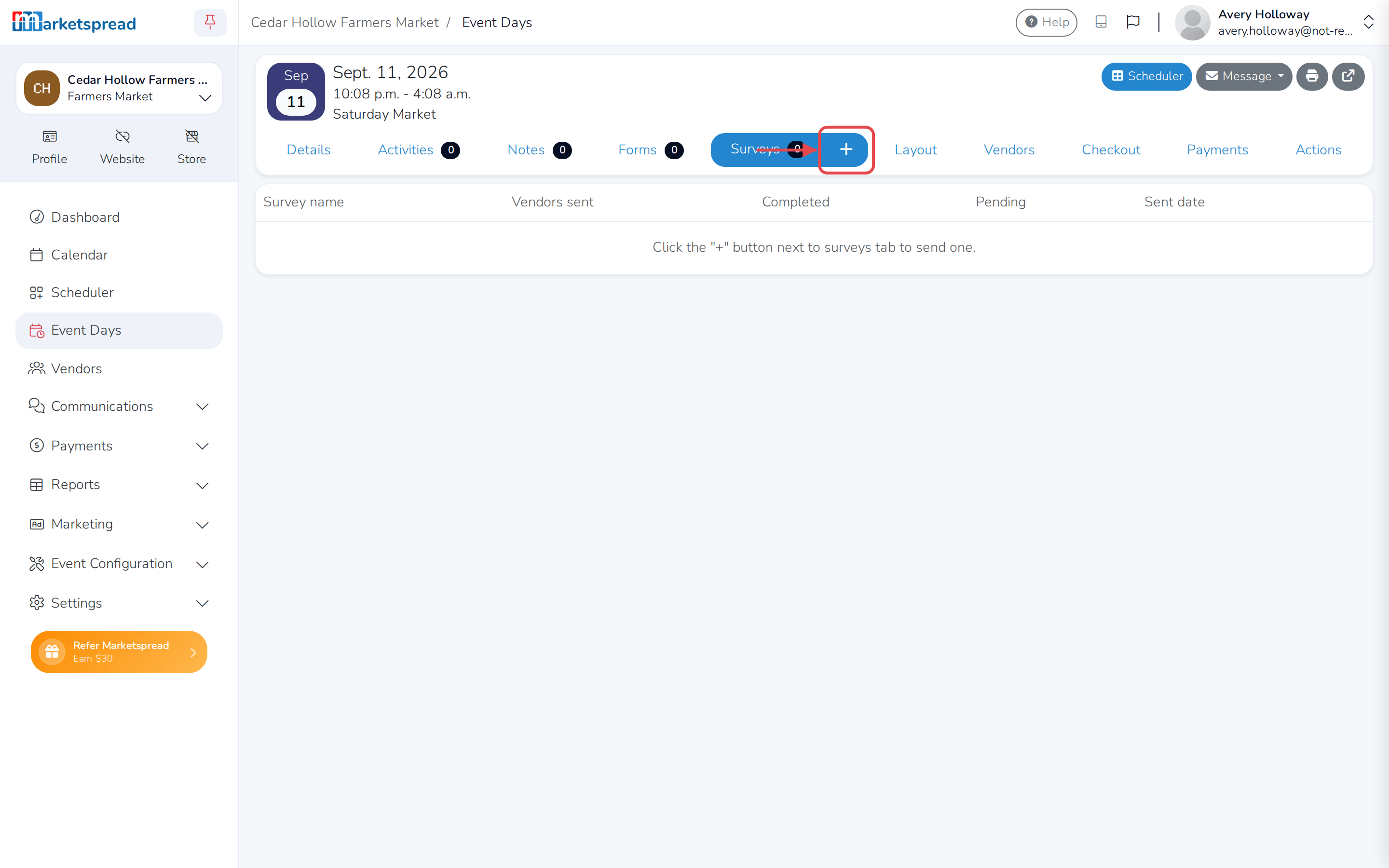 The event day's Surveys tab, with the button to send a new survey