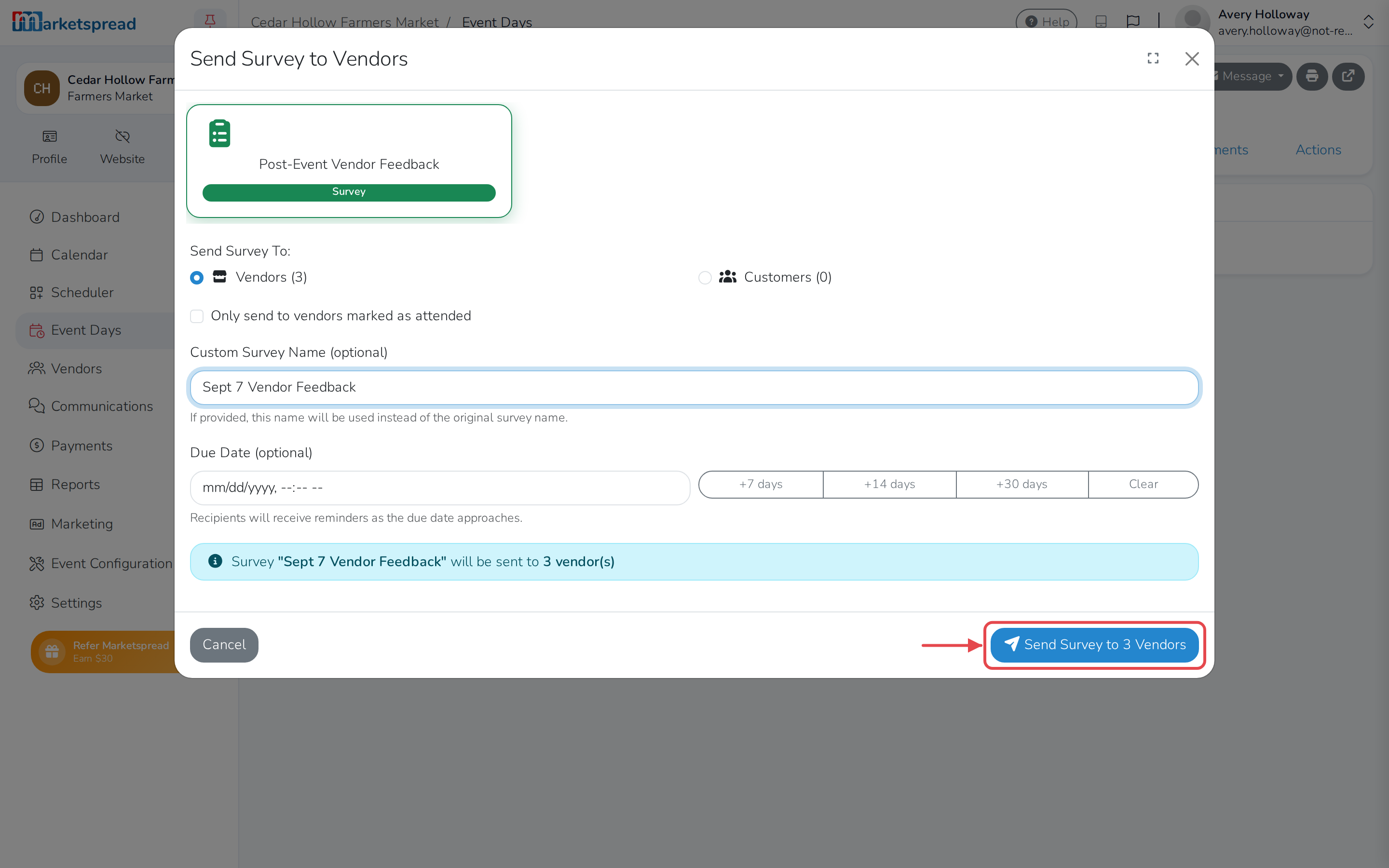 Sending the survey to Vendors, ready to send