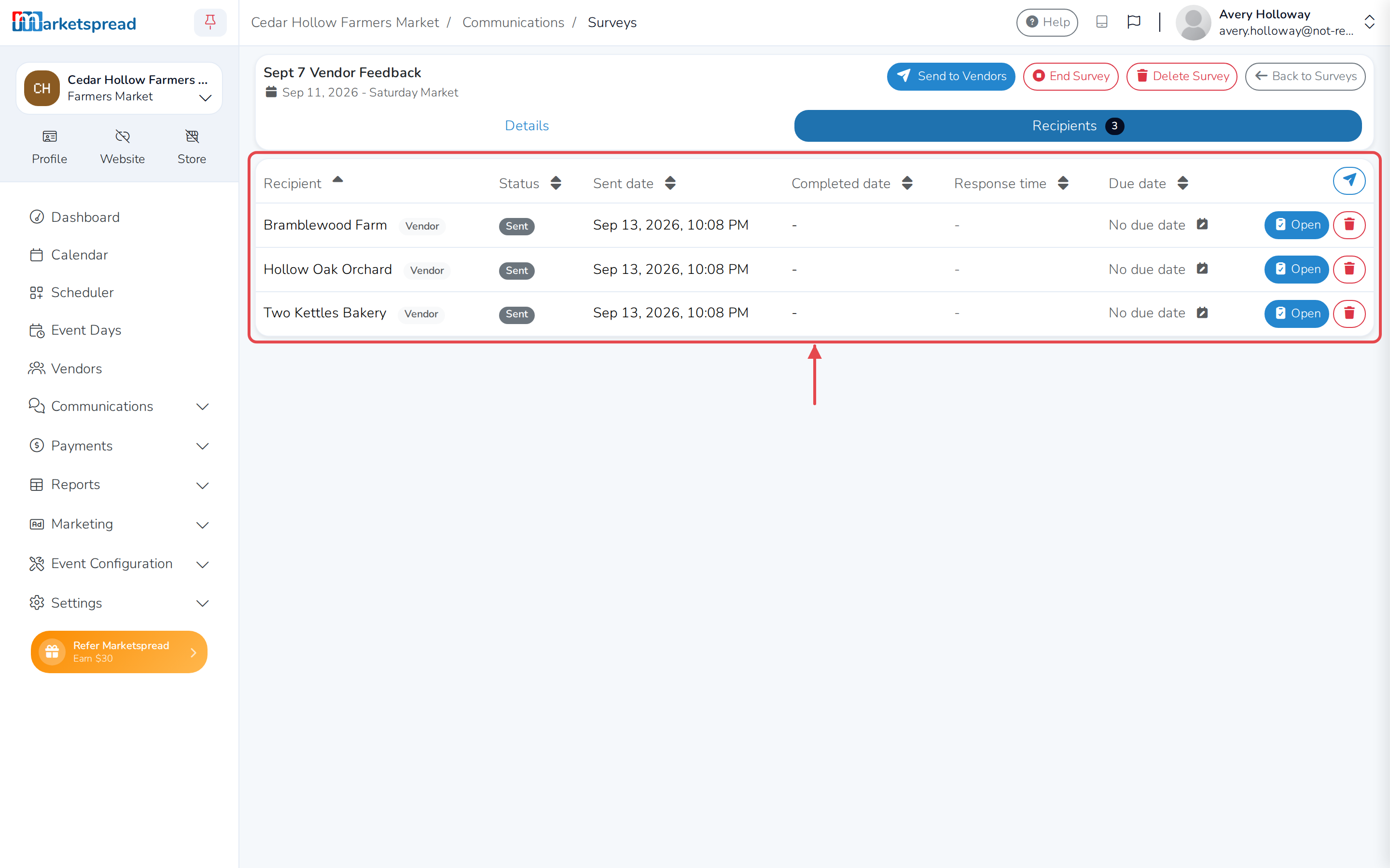 The survey's Recipients tab, with each vendor's status