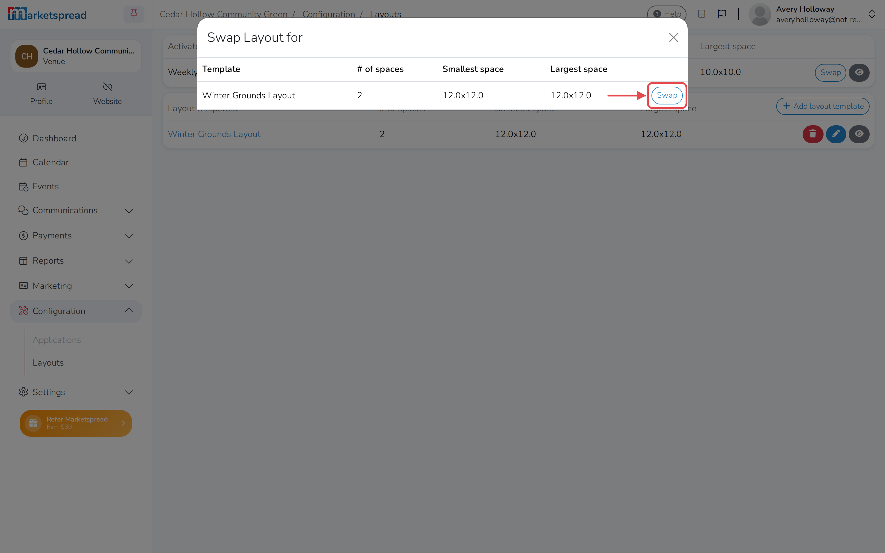 The Swap Layout dialog, with Swap next to the new layout template