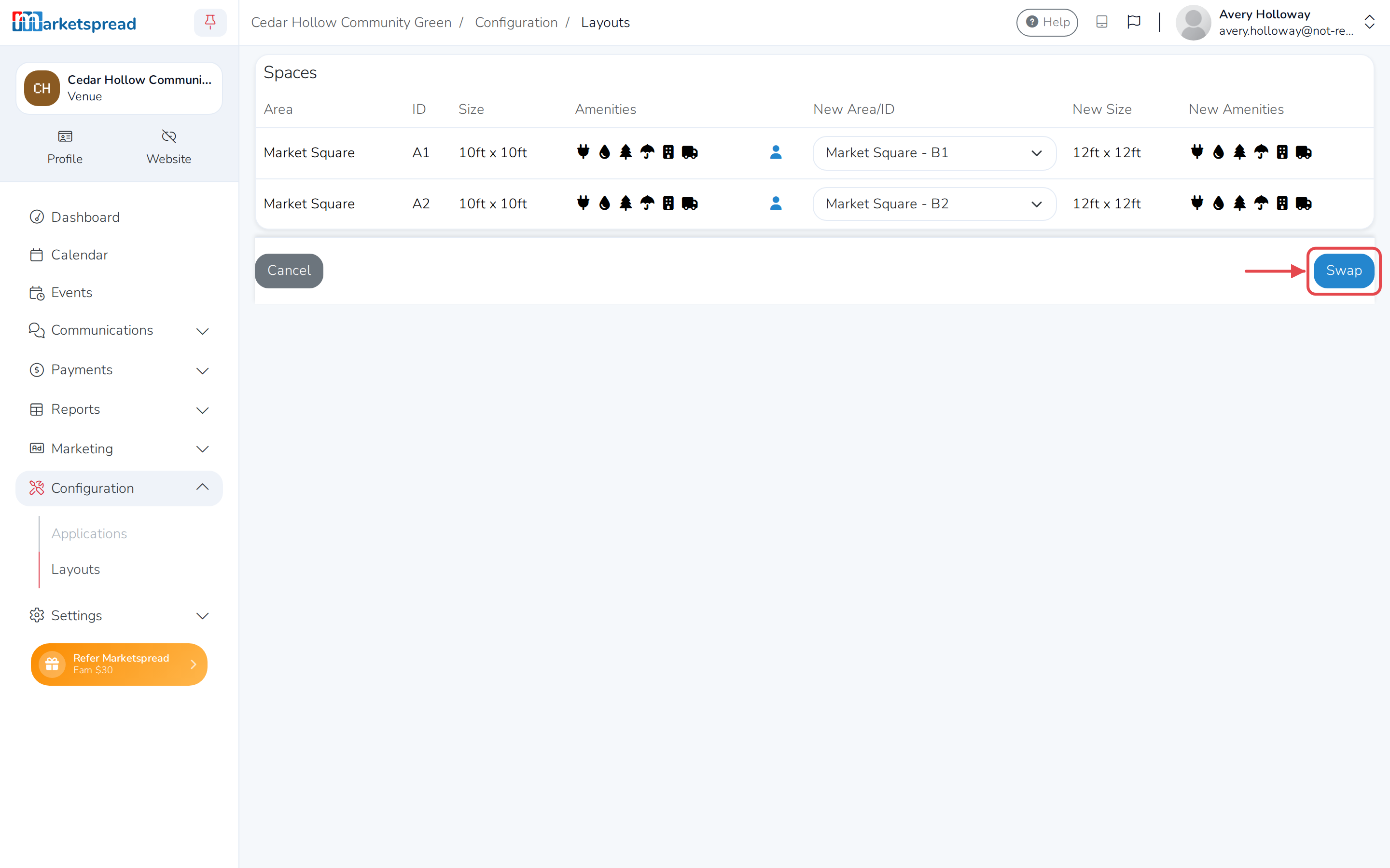 The Spaces page, with each current space matched to a New Area/ID and Swap ready to confirm