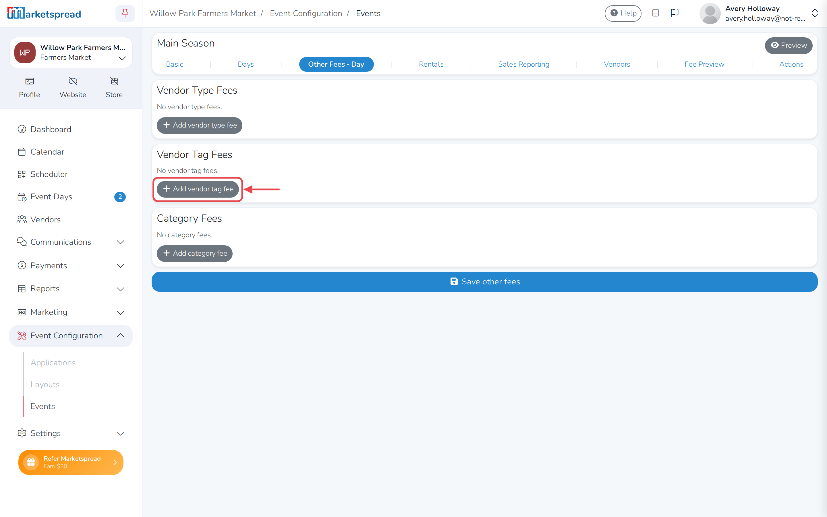 The empty Vendor Tag Fees section, with Add vendor tag fee highlighted