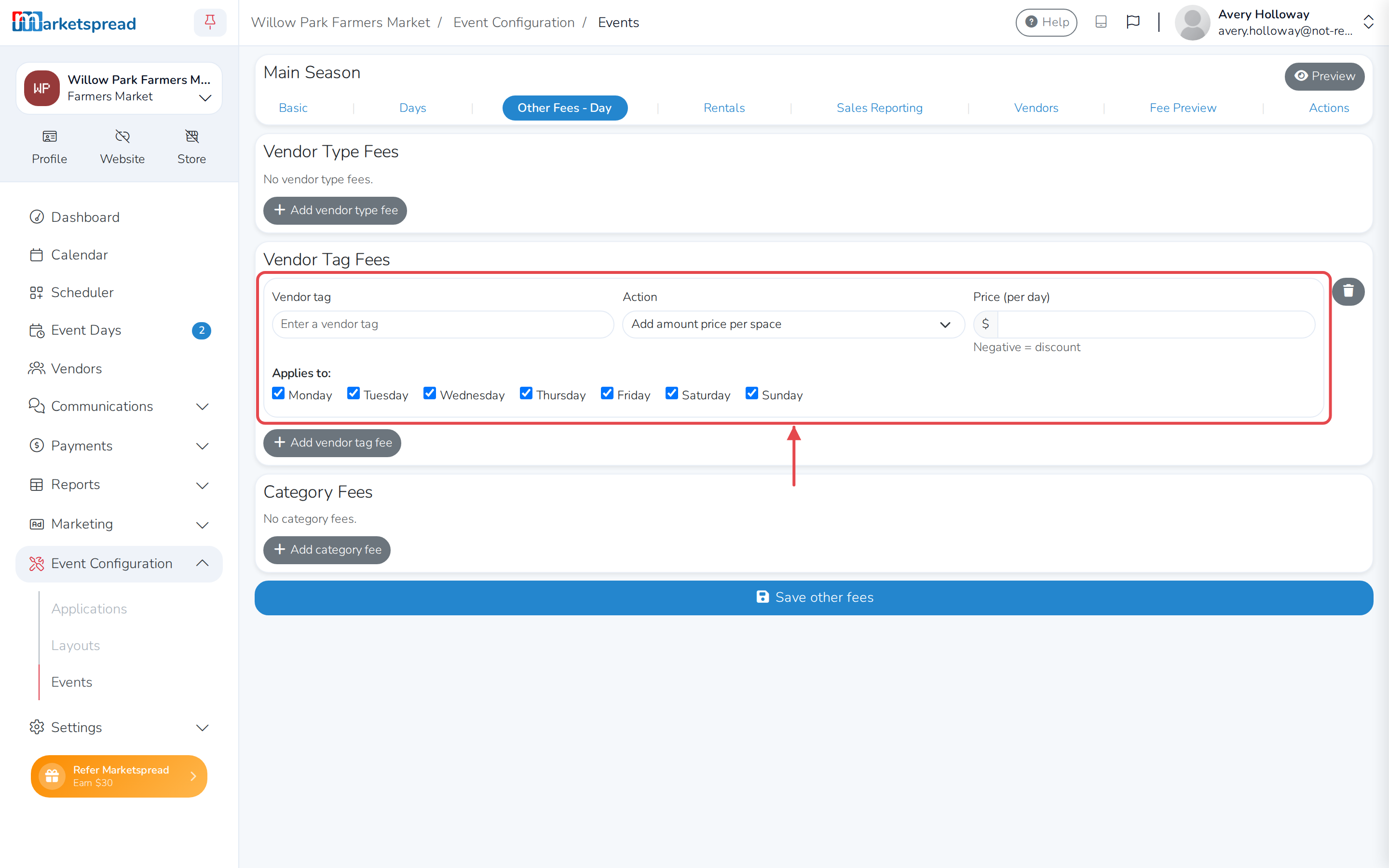 A new tag fee row, with Vendor Tag, Action and Price fields and every day checked under Applies to