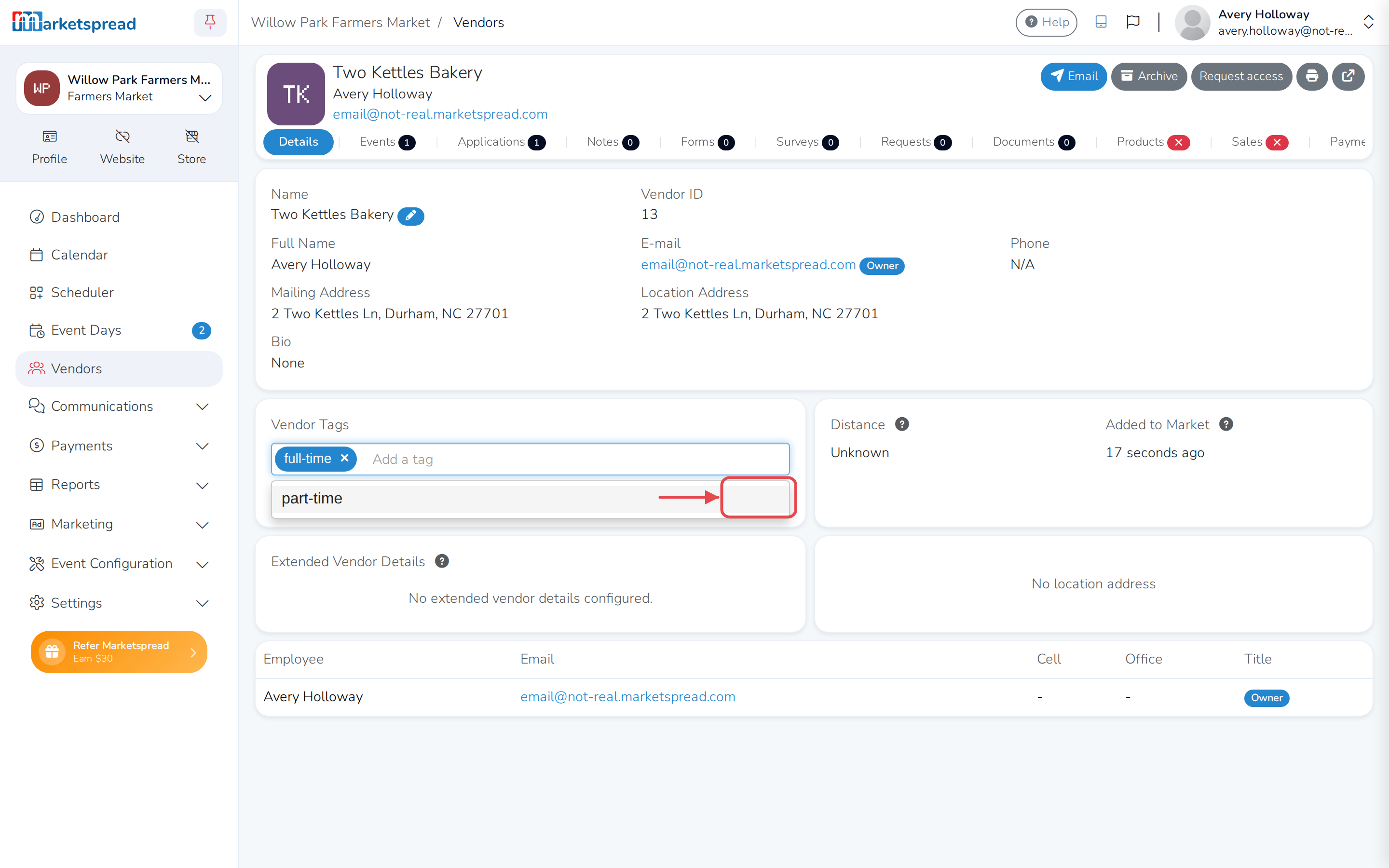 Adding the full-time tag to a vendor, with Save highlighted
