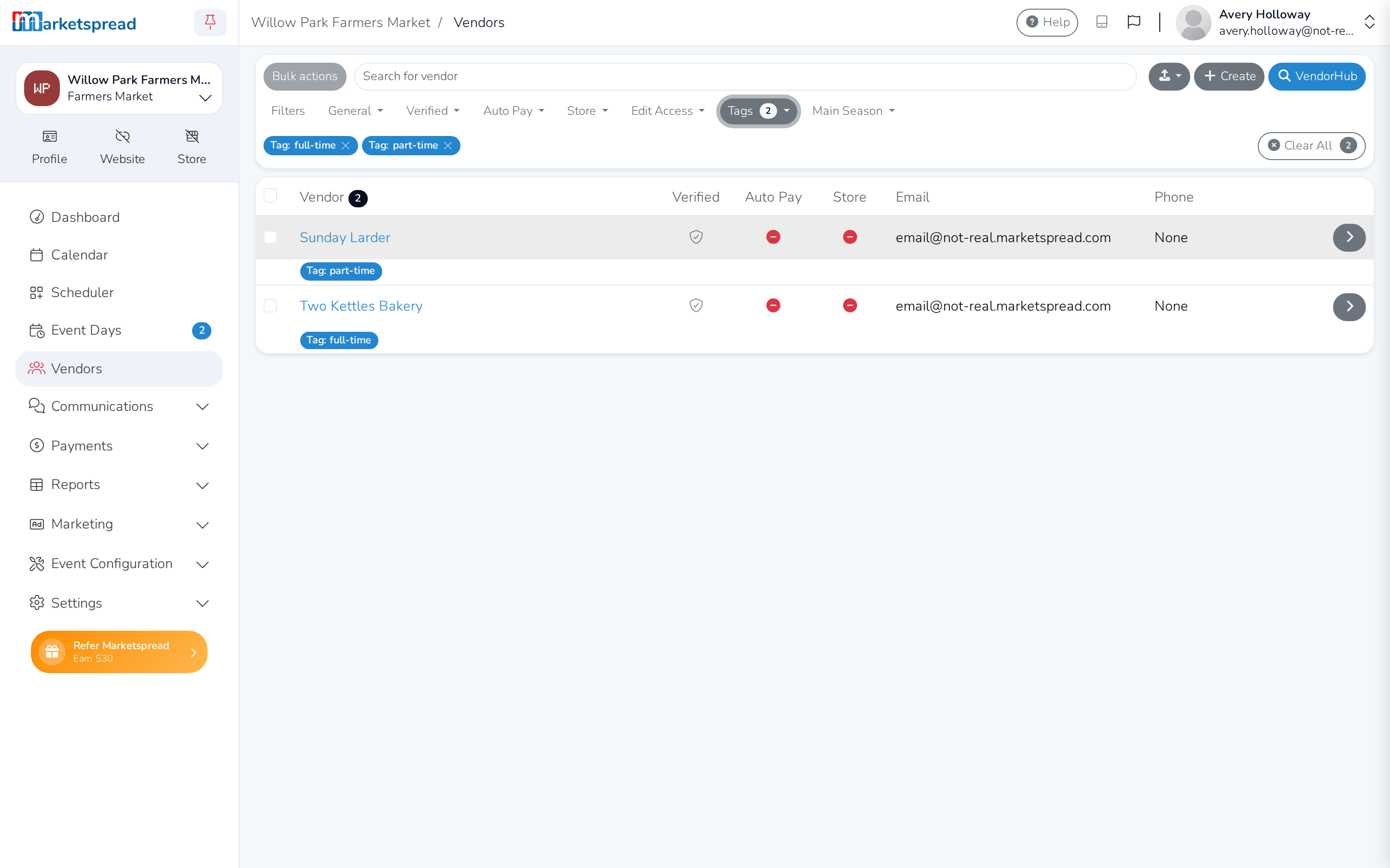 The vendor list filtered to full-time and part-time, each vendor showing its tag