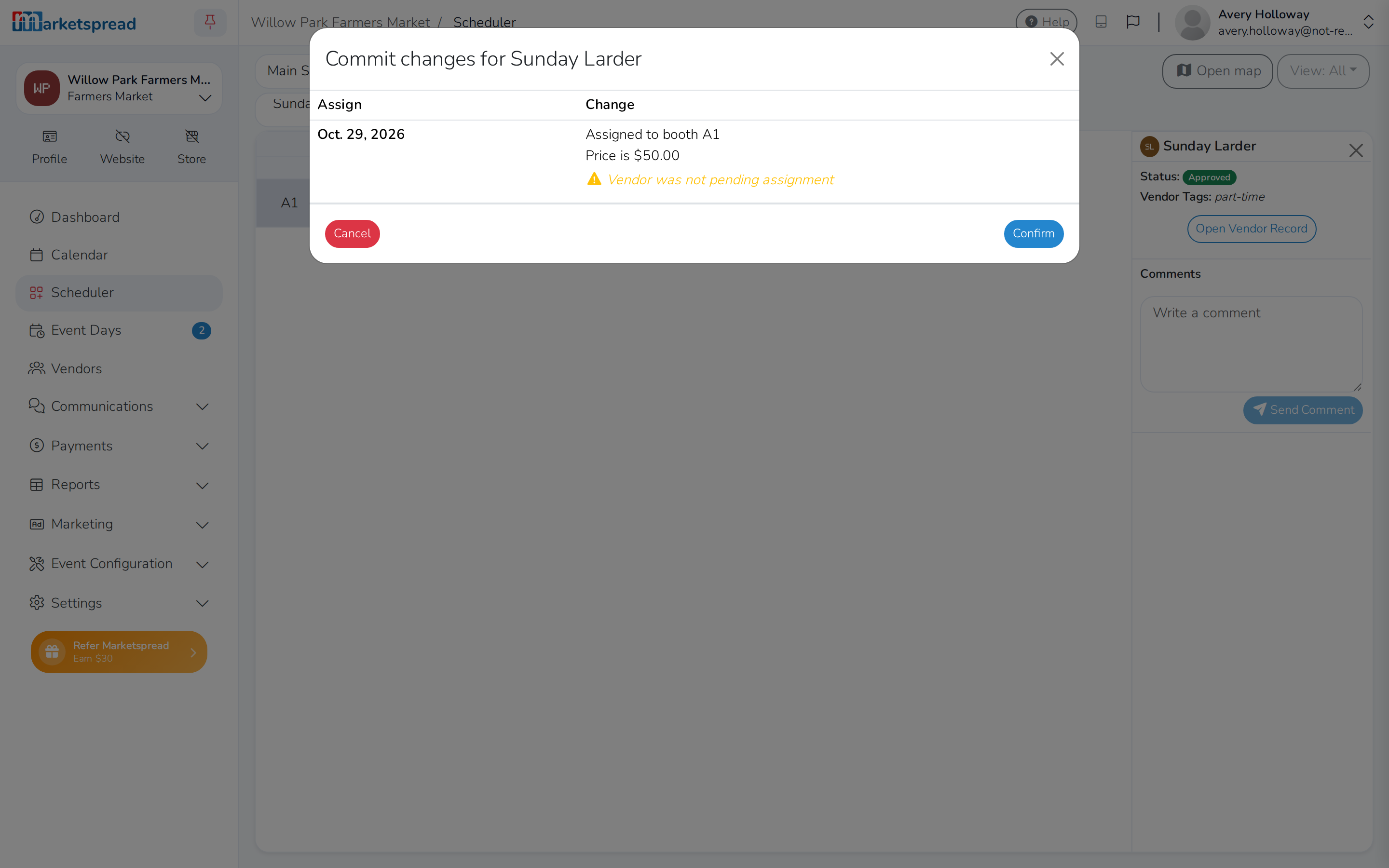 The commit summary for a part-time vendor's booth, with the $50 tag fee as the price