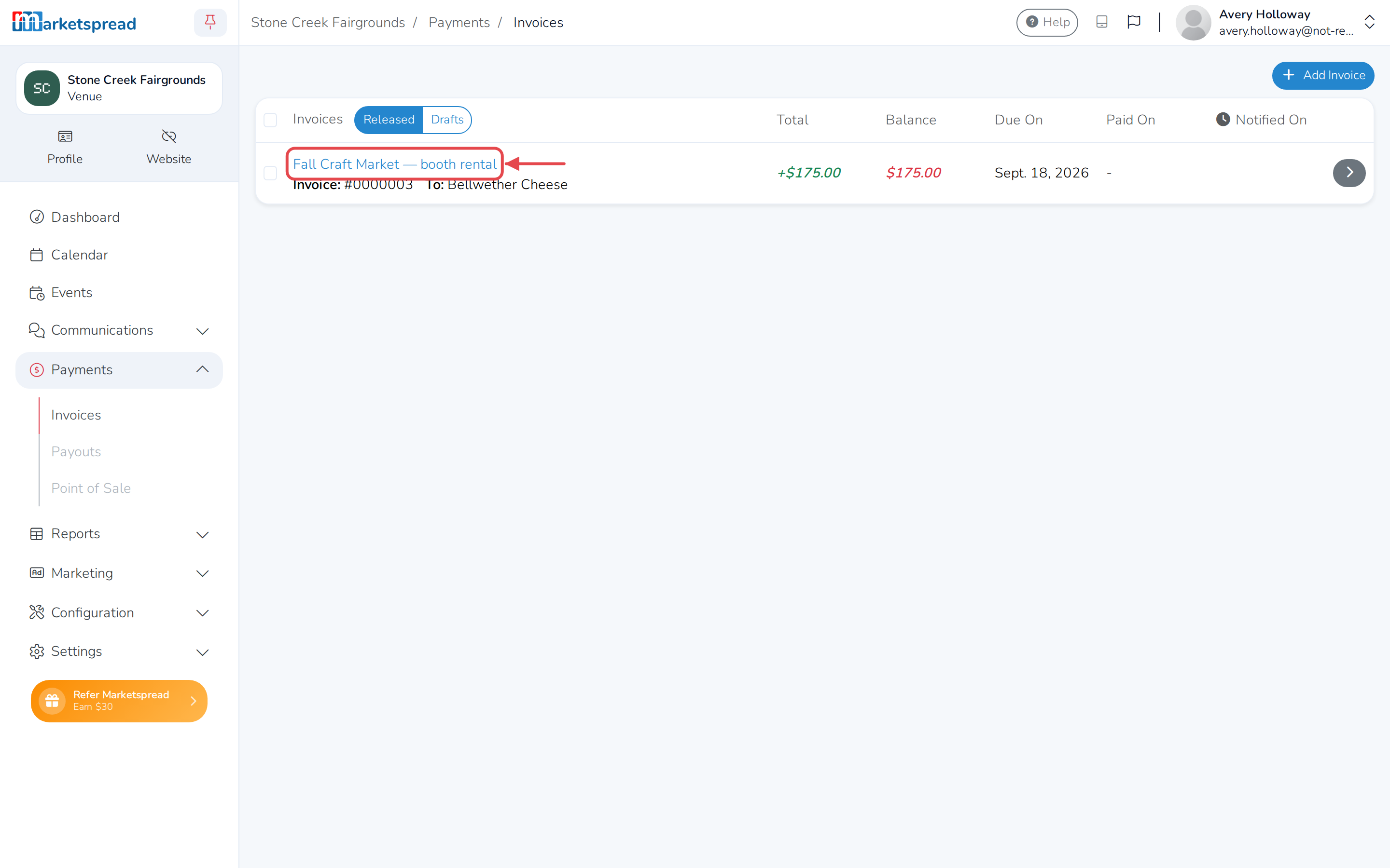 The Invoices list, with the invoice to record a payment against