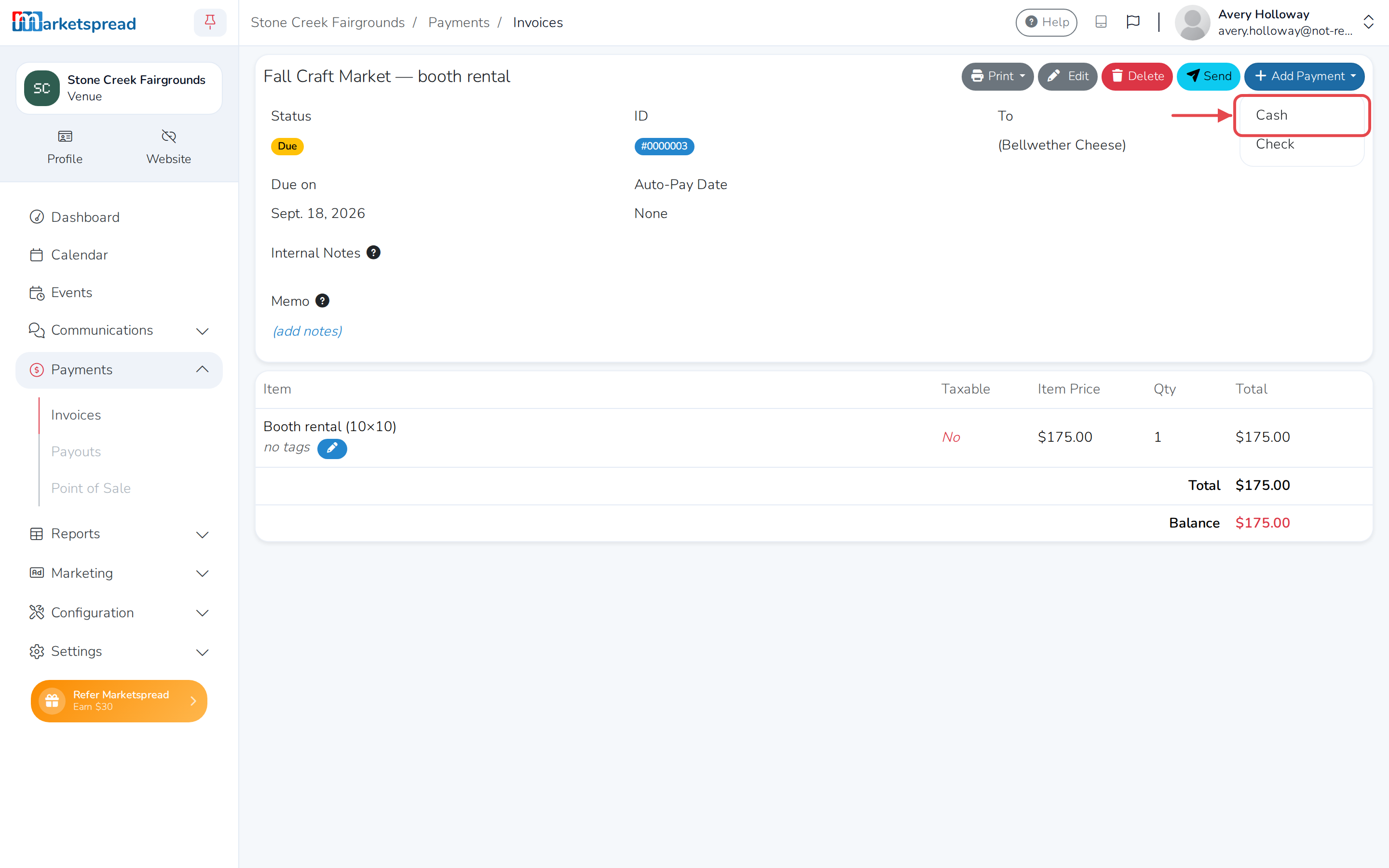 The invoice, with Add Payment open to Cash and Check