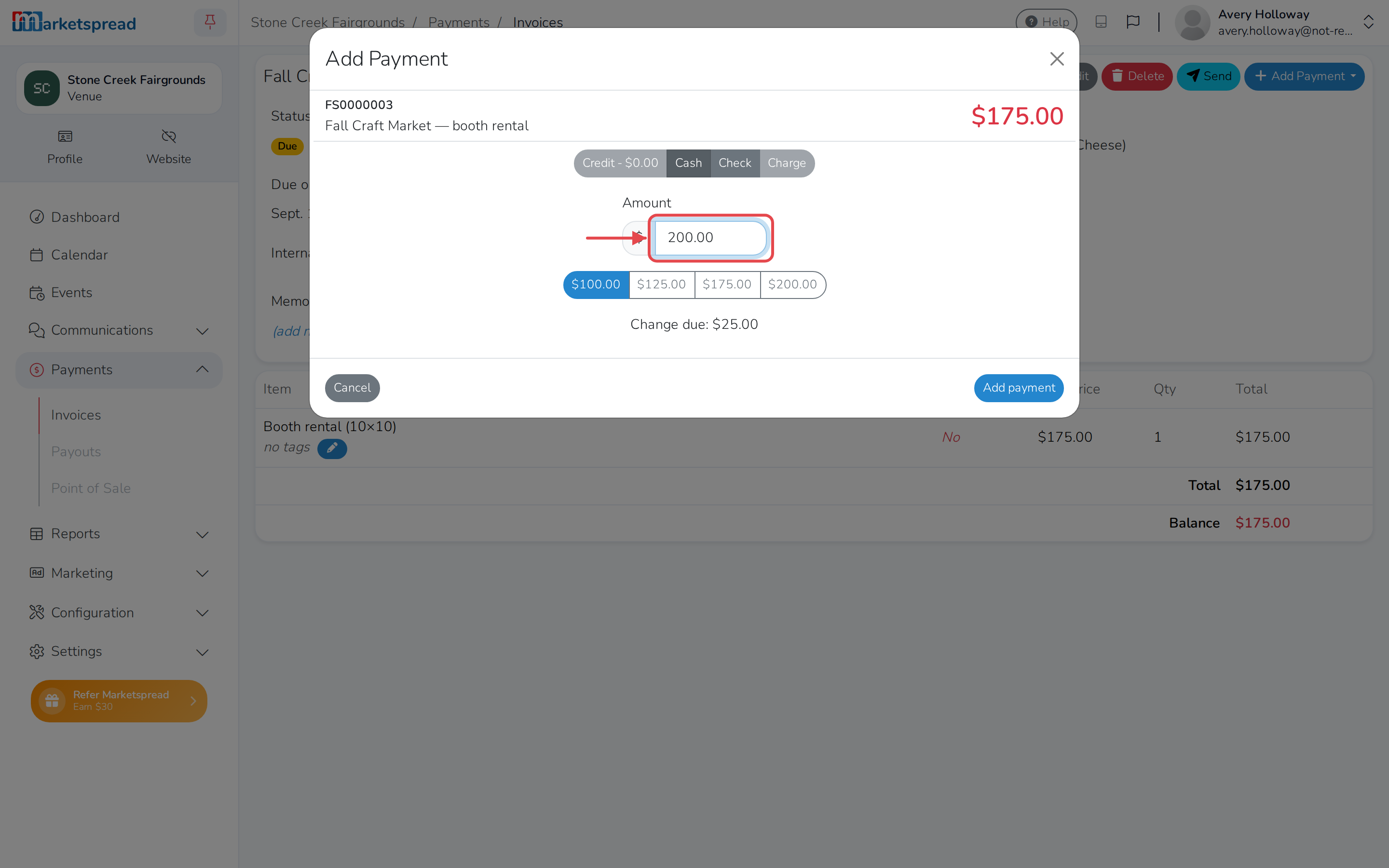 The Add Payment form, with the cash amount filled in