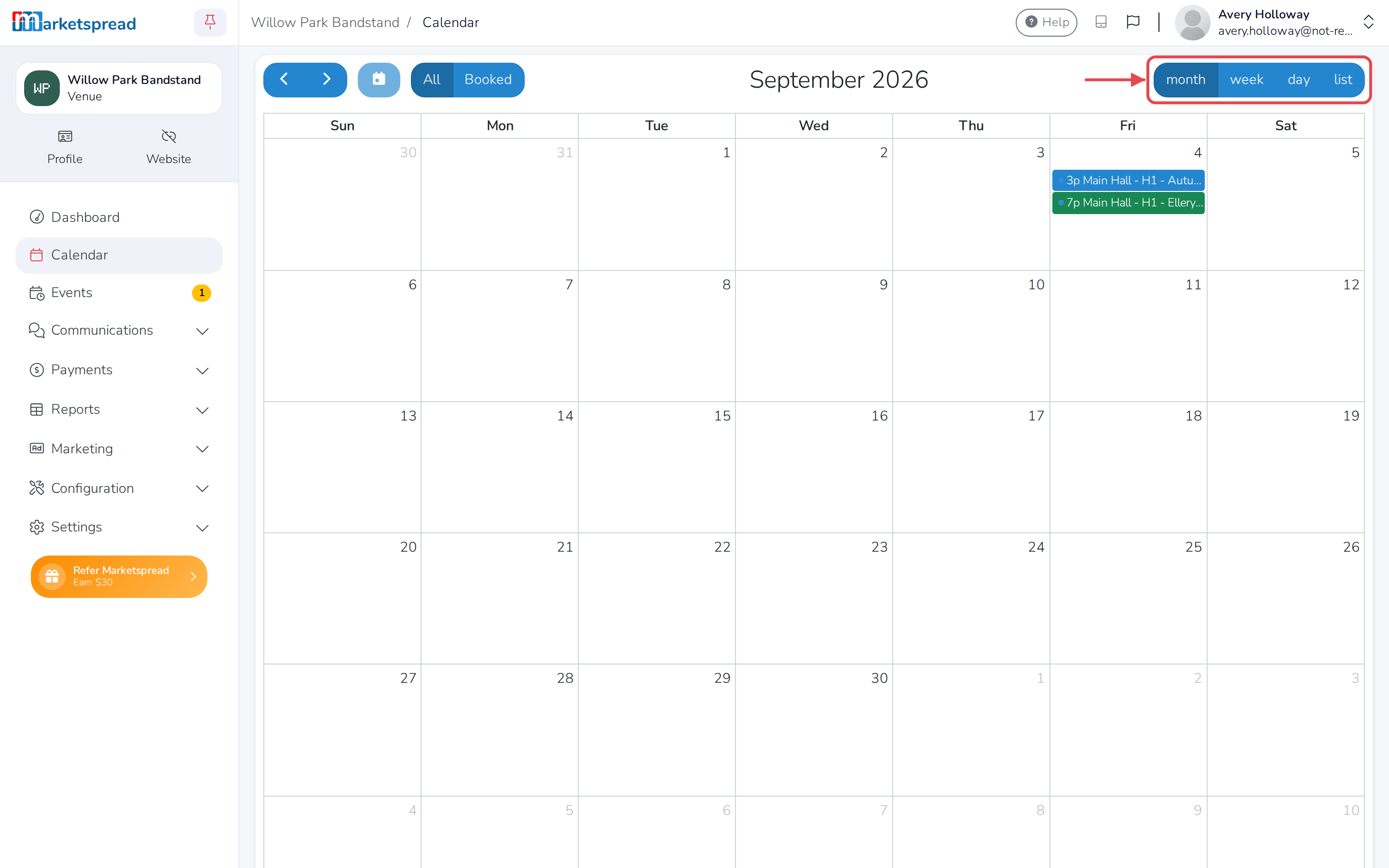 The venue calendar in month view, with buttons to switch to week, day or list view