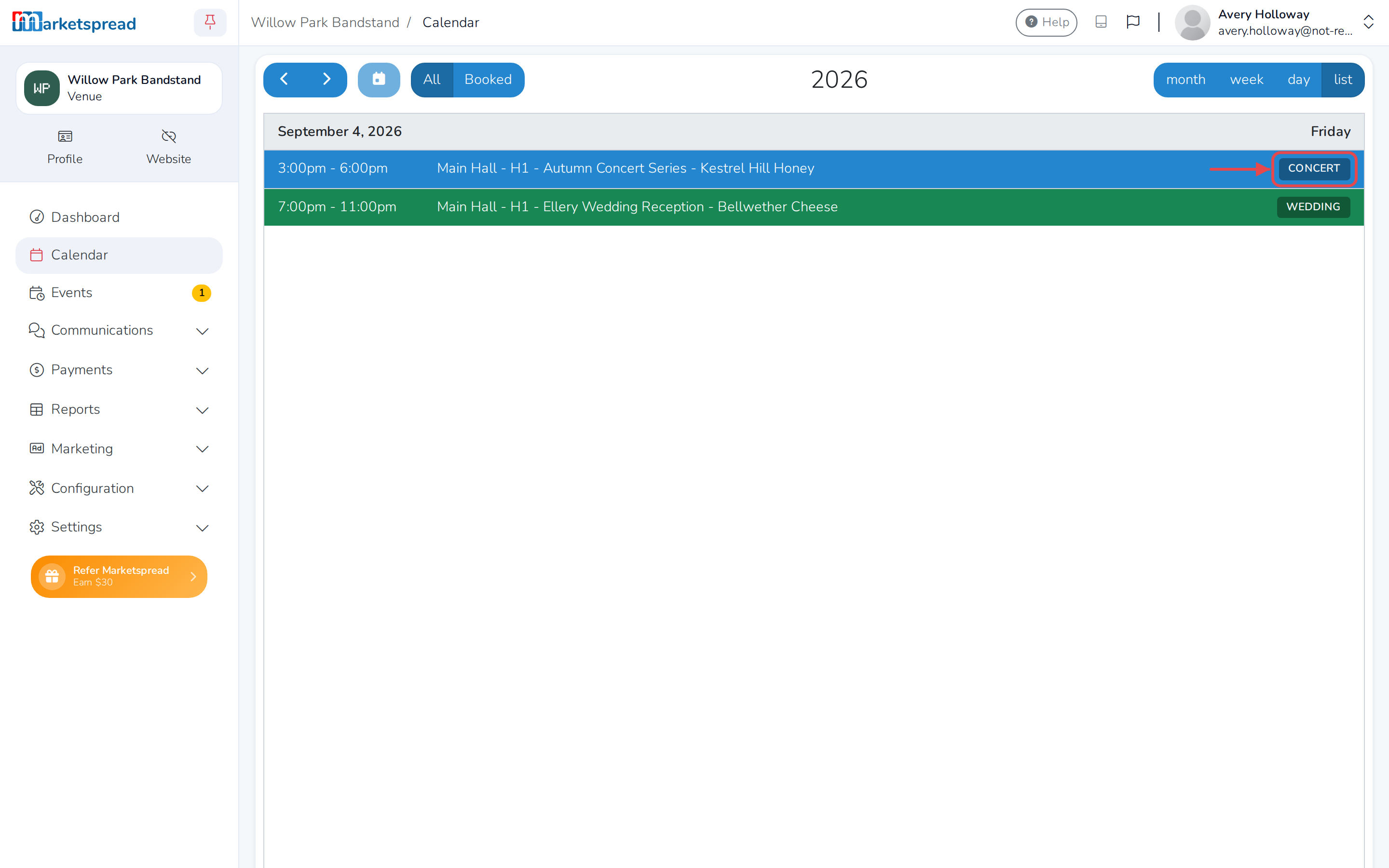 List view, with each booking showing its event type