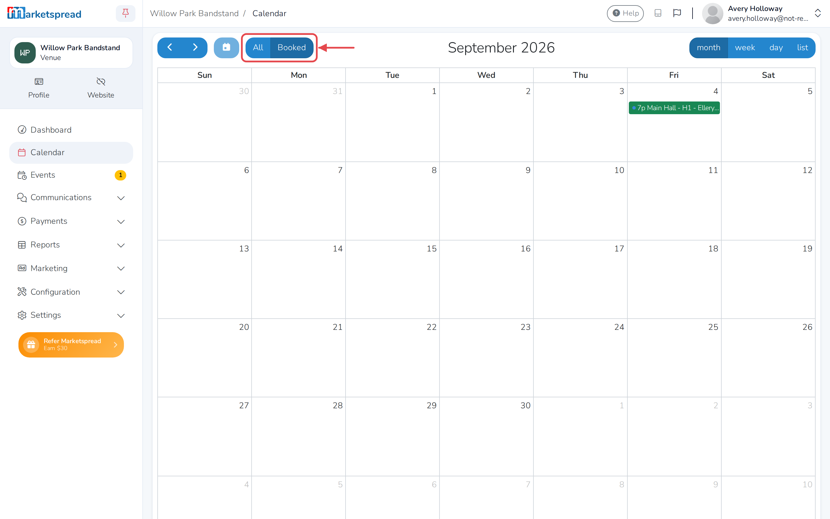 The Booked and All buttons, showing only confirmed bookings