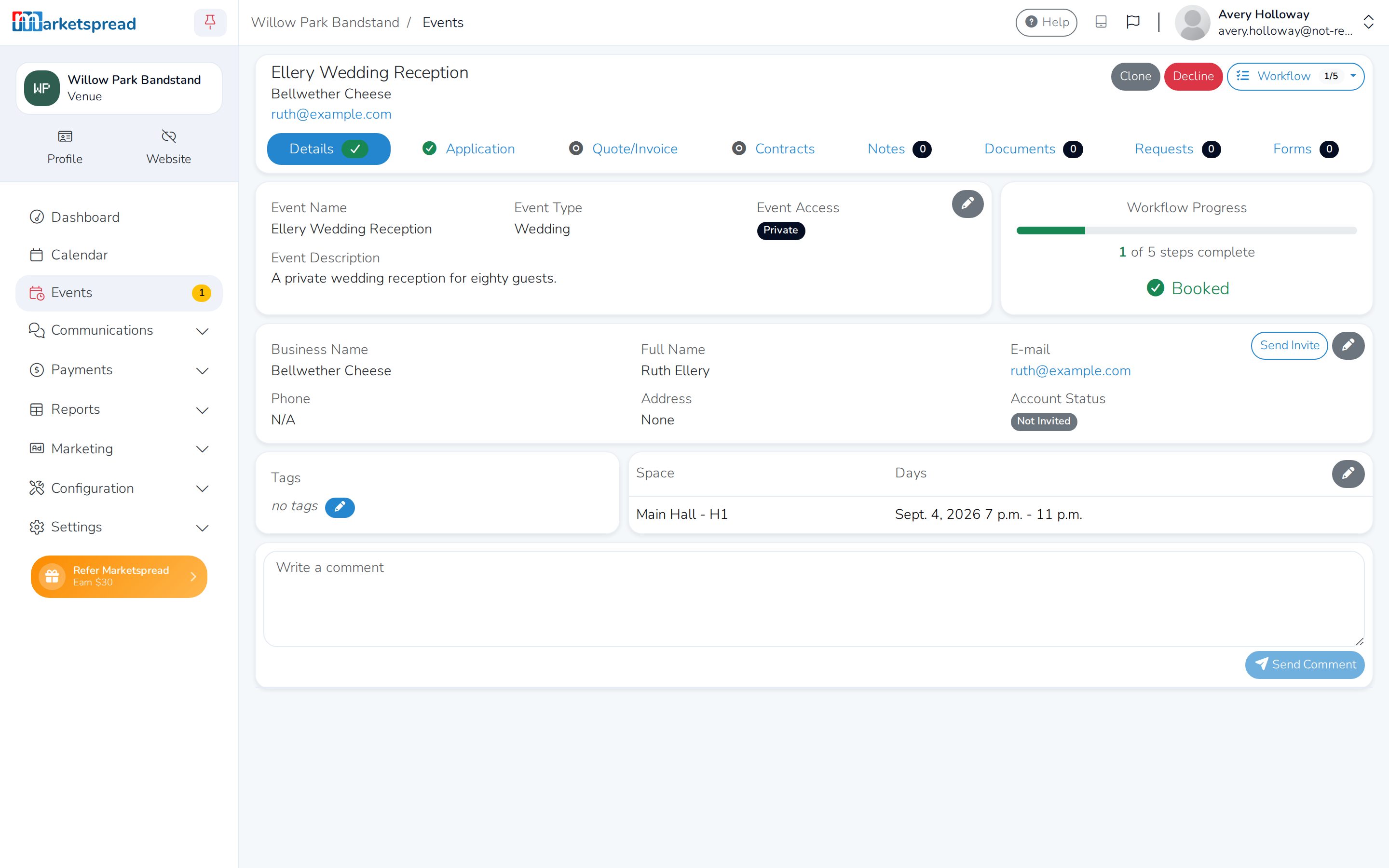 The booking opened from the calendar, on the same Details tab as the Events page