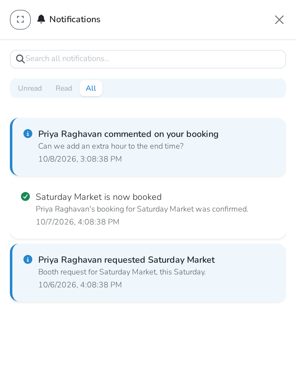 The notifications panel, with a notification for each kind of update and the Unread, Read and All filters