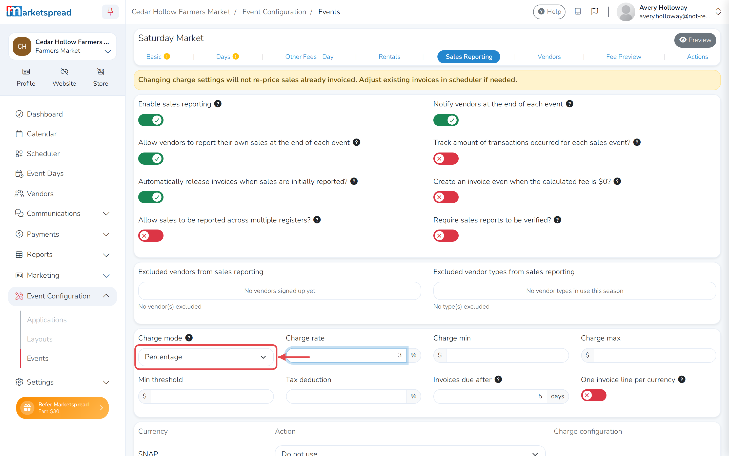 The event's Sales Reporting tab, with Charge mode set to Percentage
