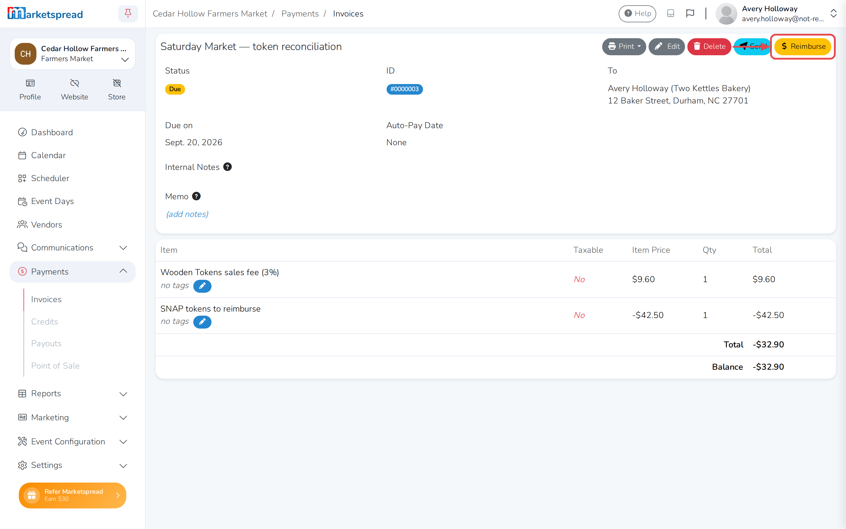 The invoice's negative balance, with the Reimburse button