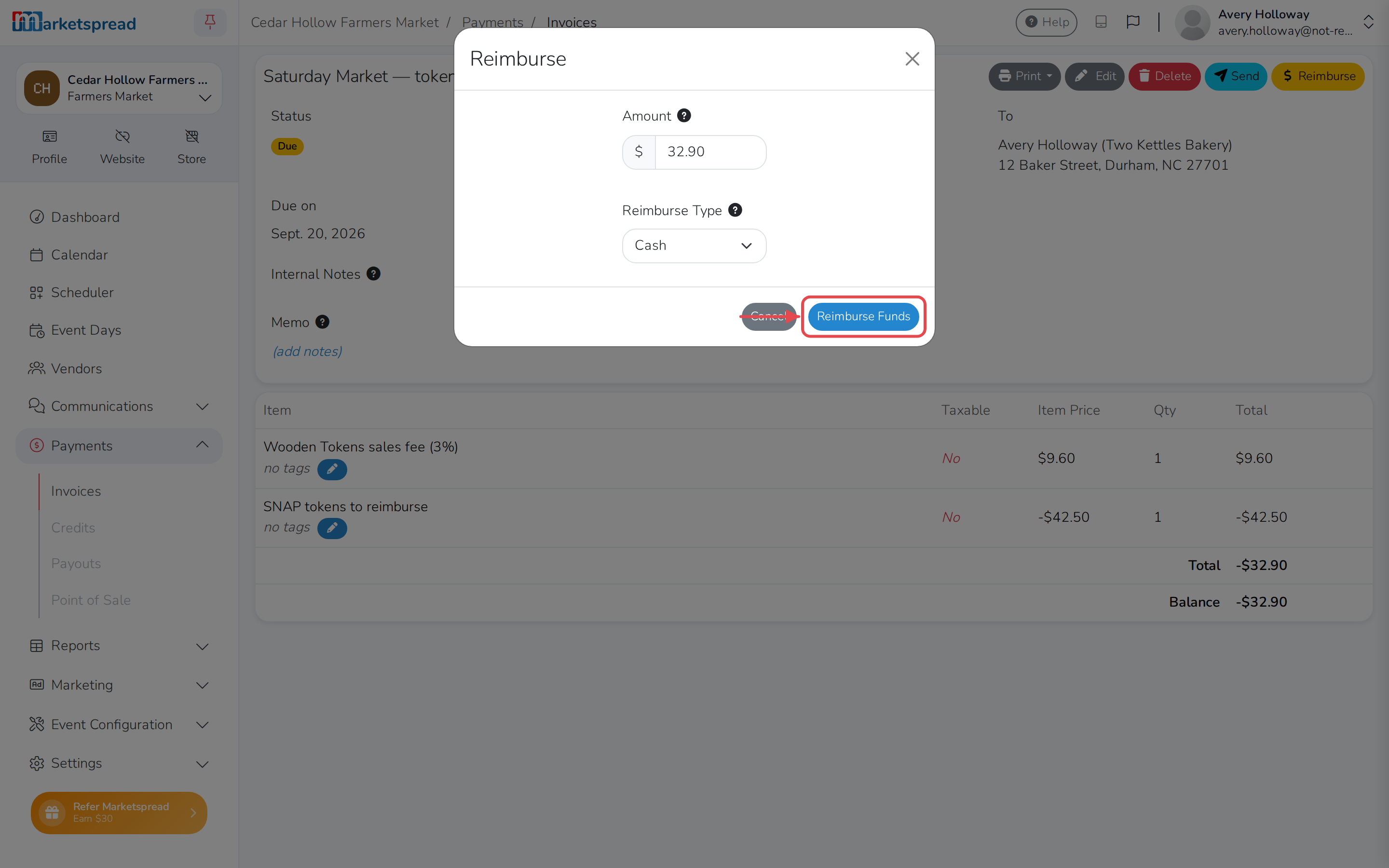 Handing the cash back to the vendor to zero out the invoice