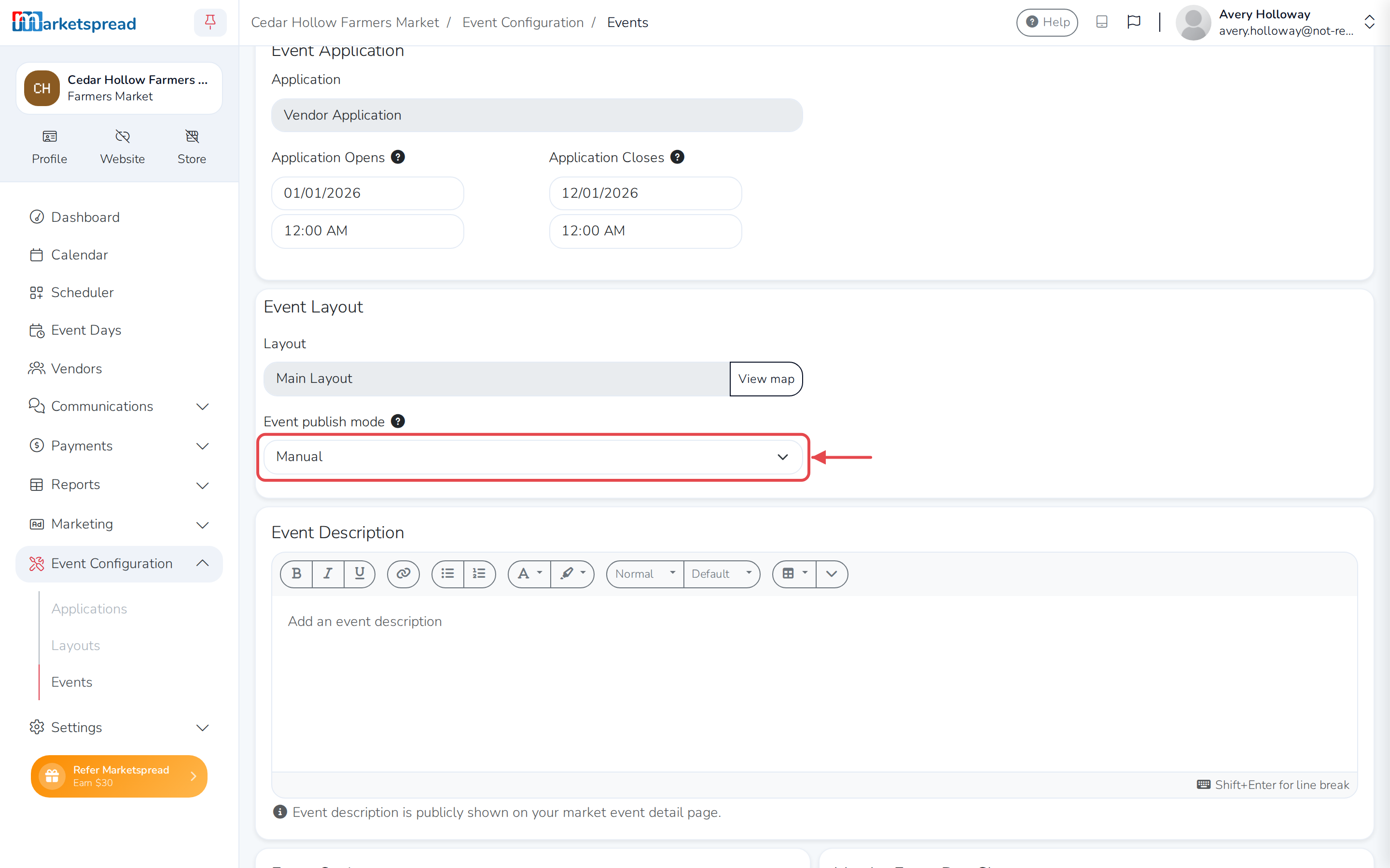 Event publish mode set to Manual, under Event Layout