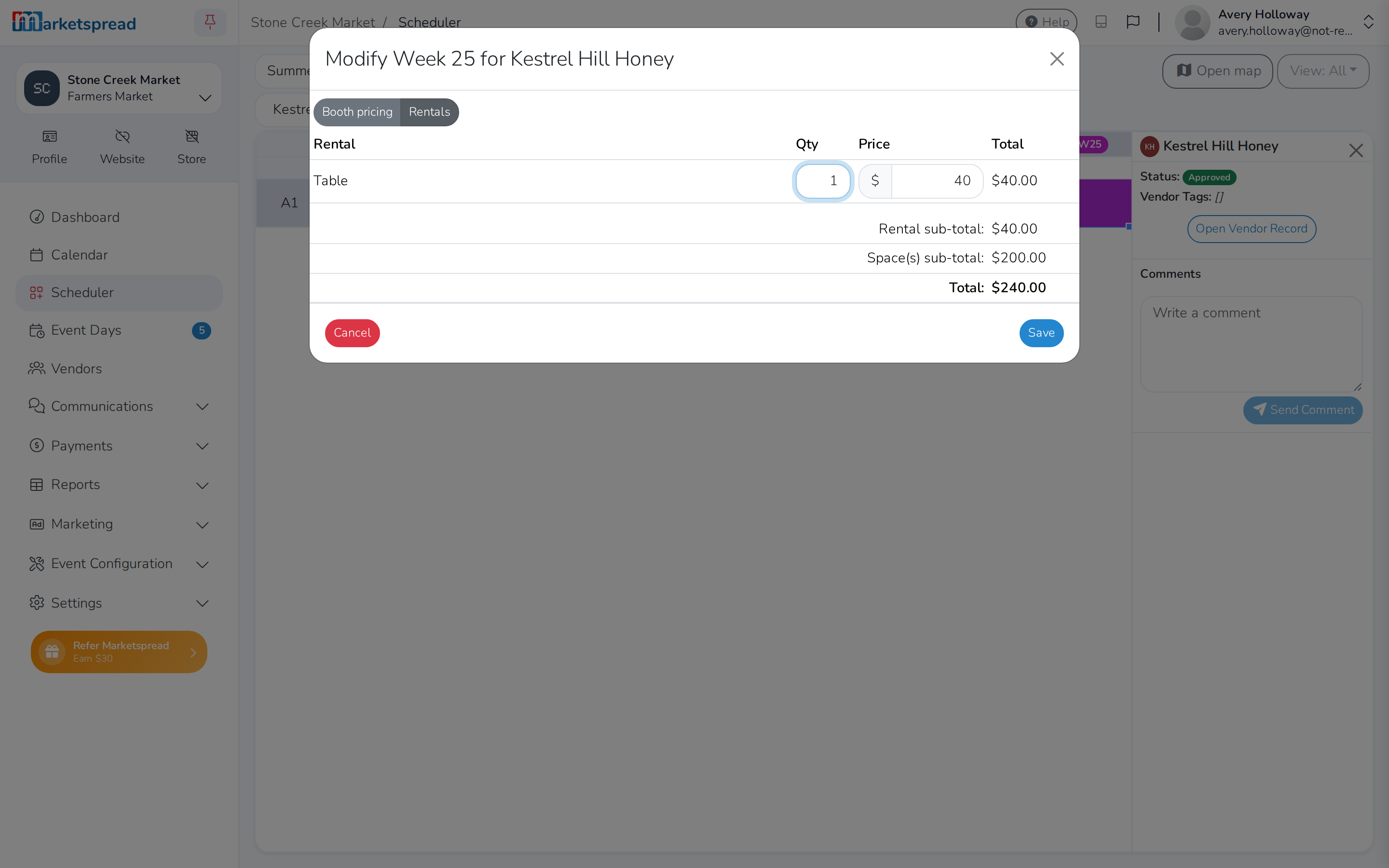 Adding a Table rental to the assigned days
