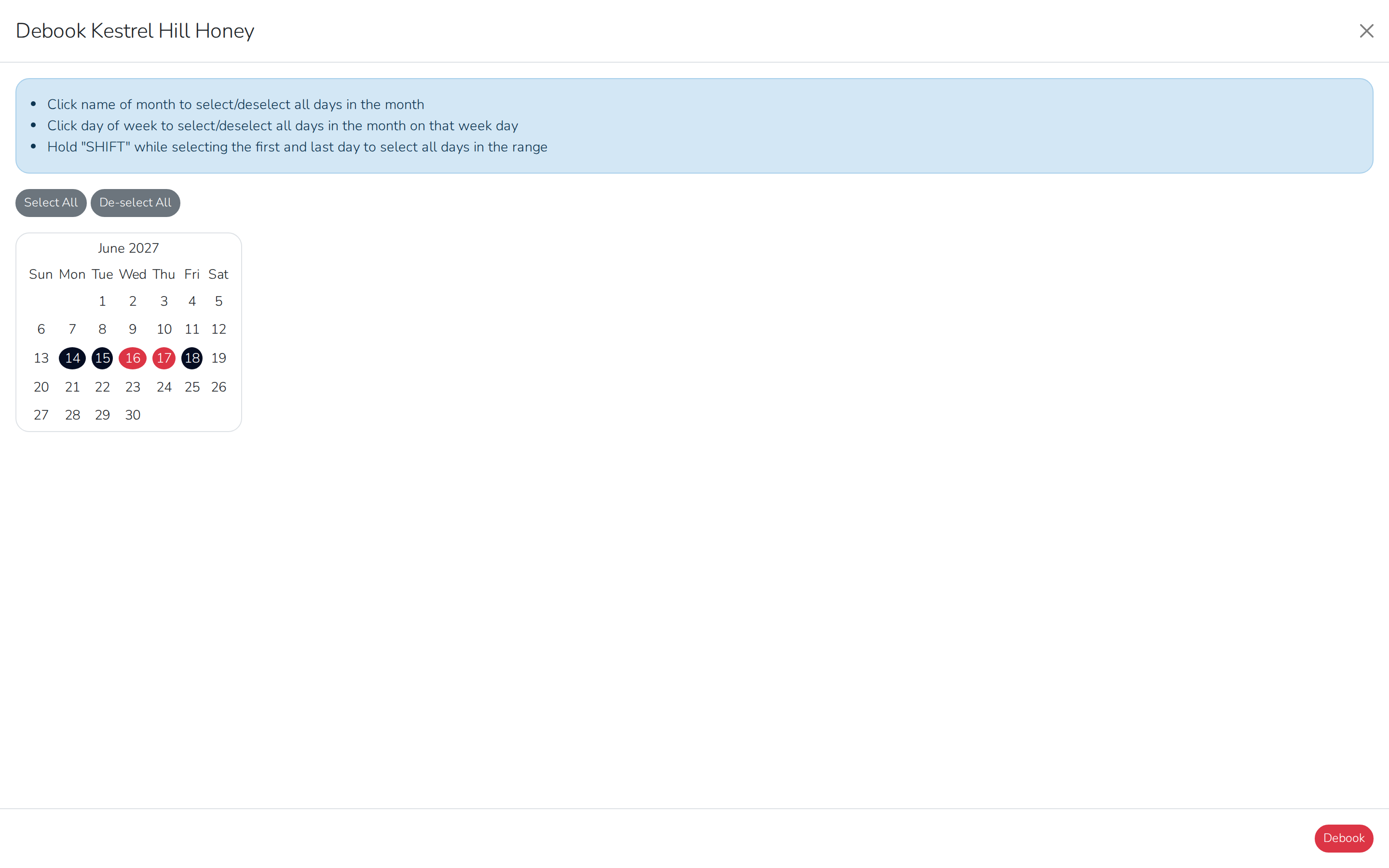 The Debook calendar, with two days selected to remove