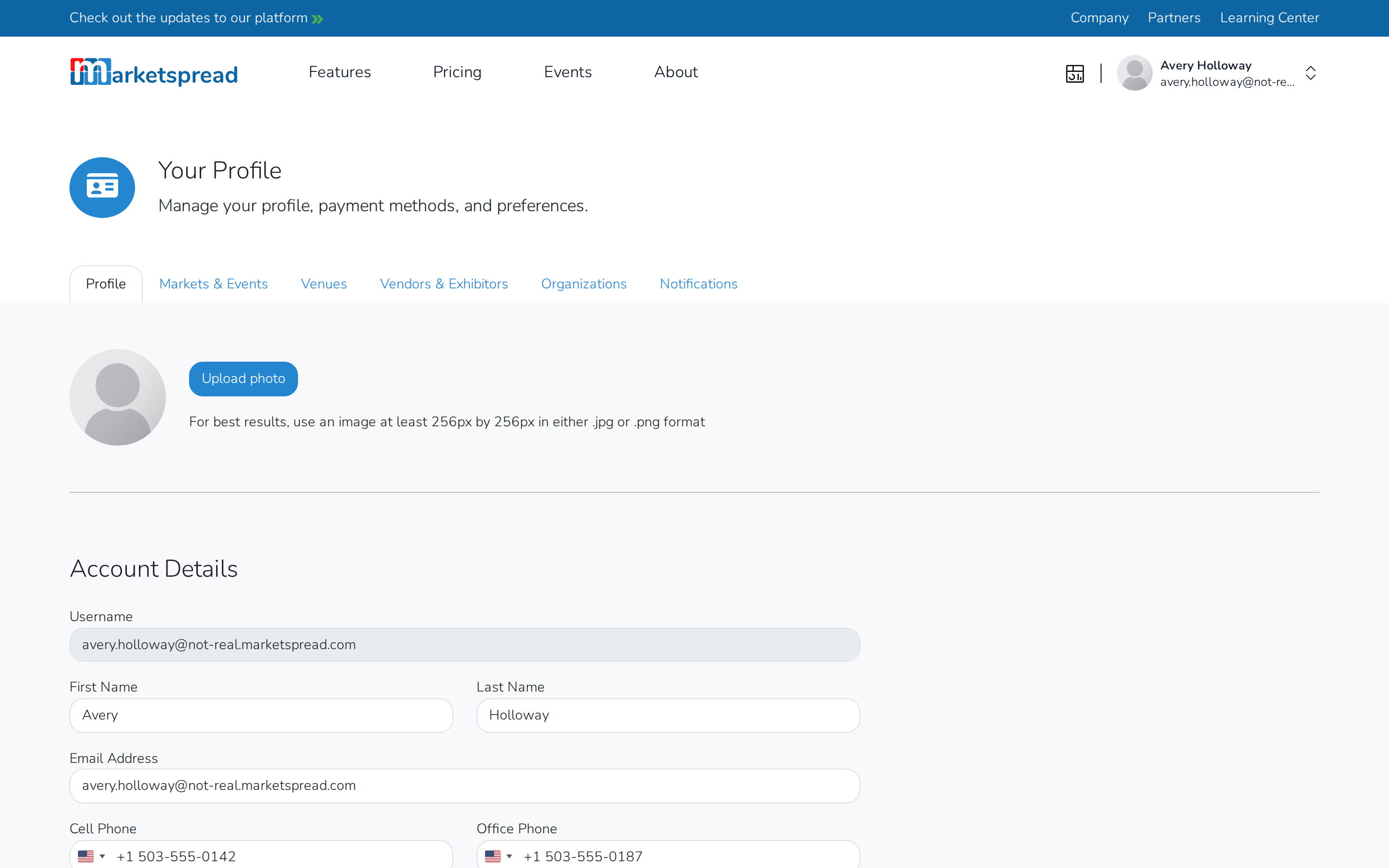 Account Details, with your name, email address and phone numbers