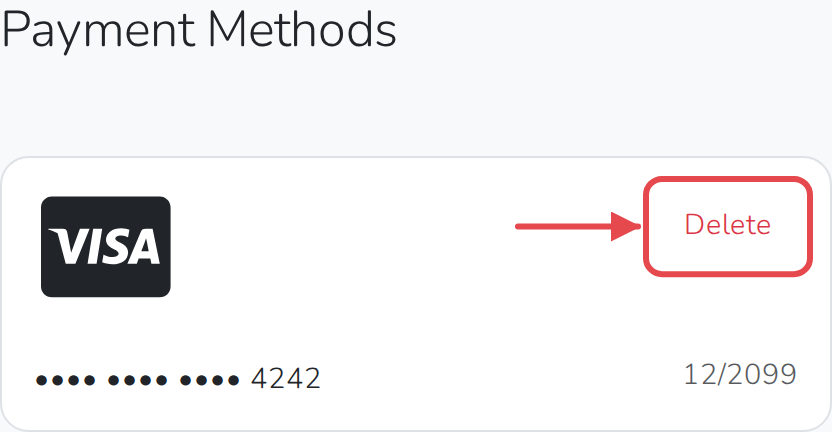 The Payment Methods section, with a saved card and its Delete button