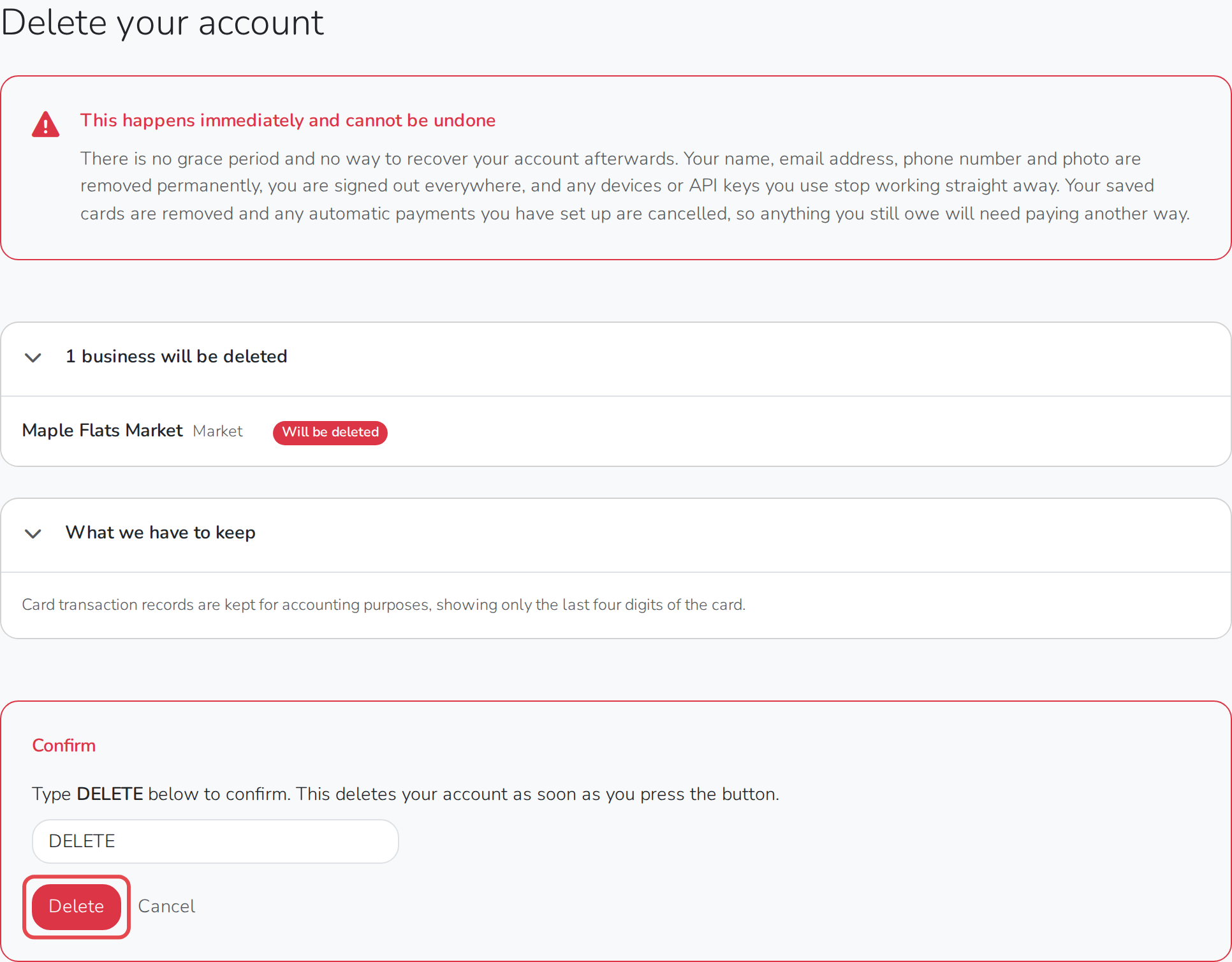 The delete account confirmation, with the owned market listed, DELETE typed in and the Delete button