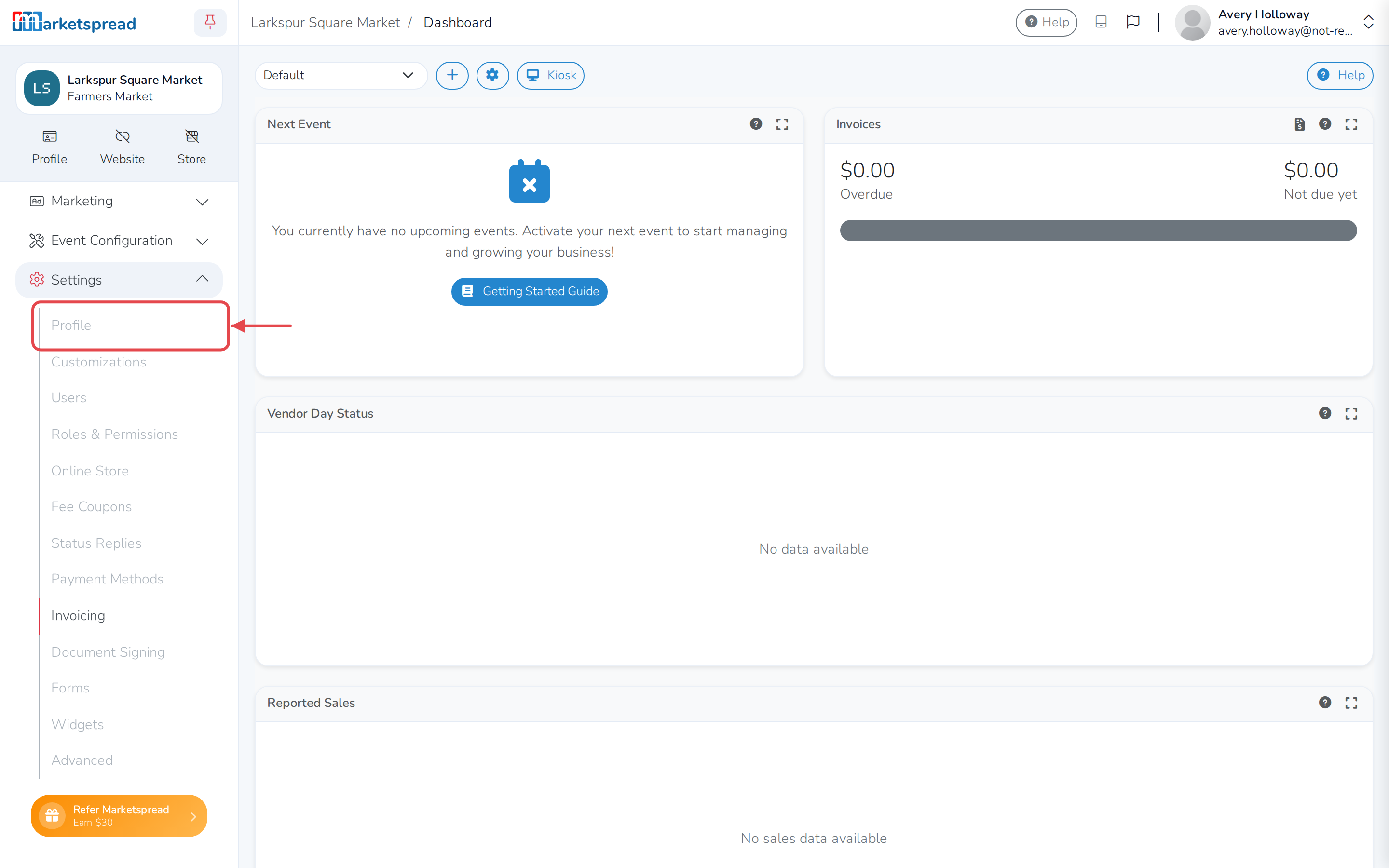 The Settings menu open in the sidebar, with Profile highlighted