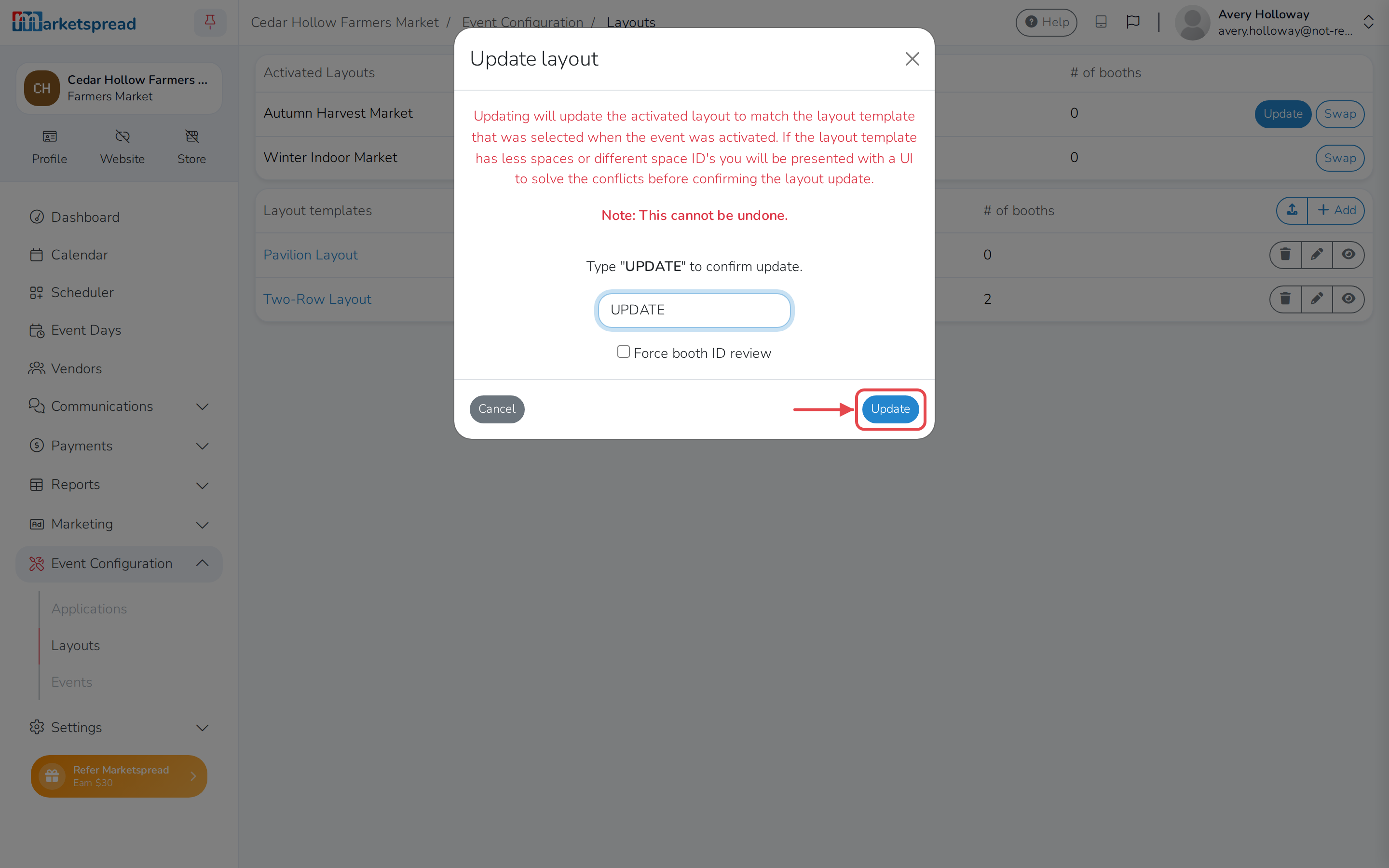 Confirming the layout update by typing UPDATE