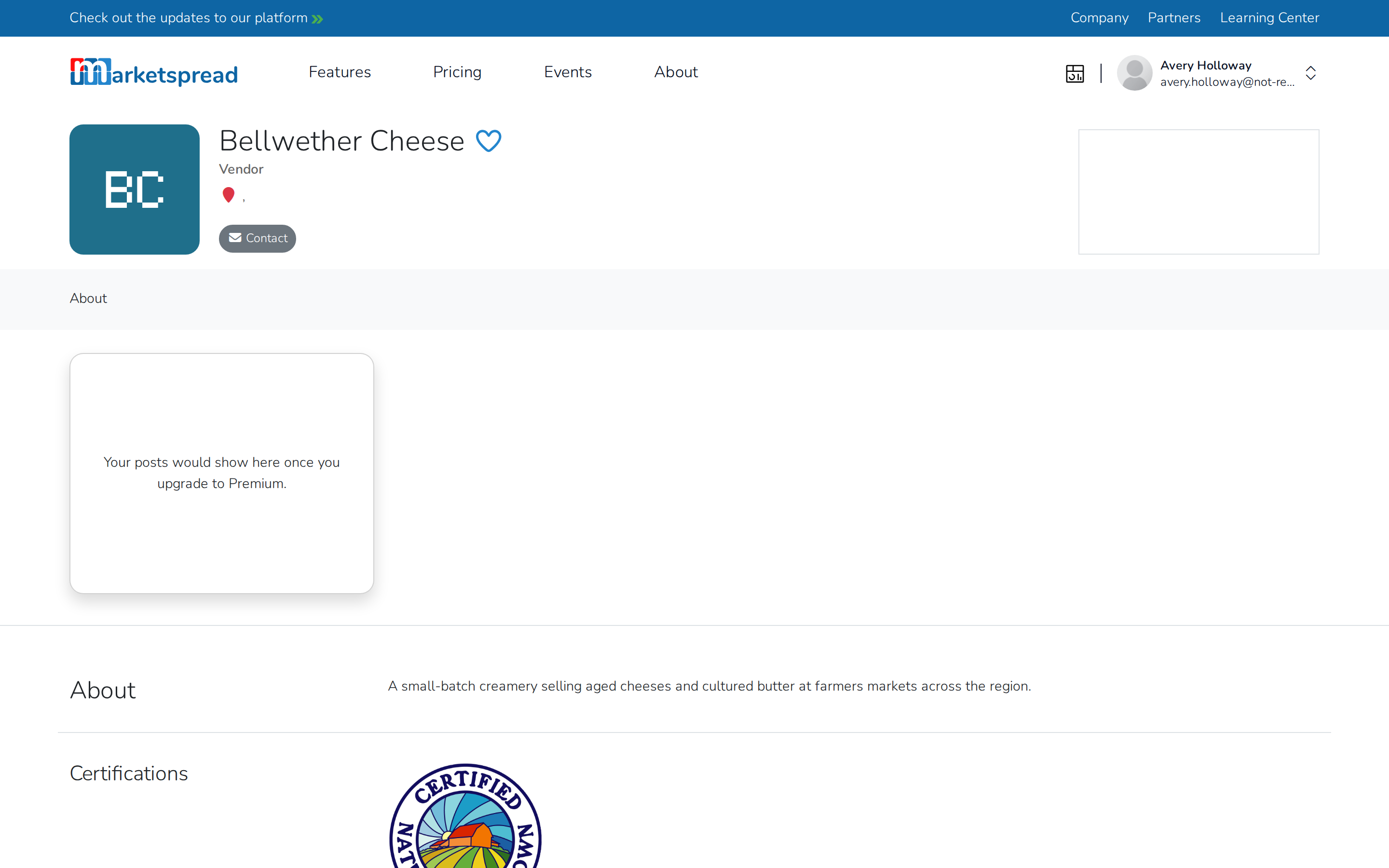 The vendor's public profile page, showing what customers and markets see