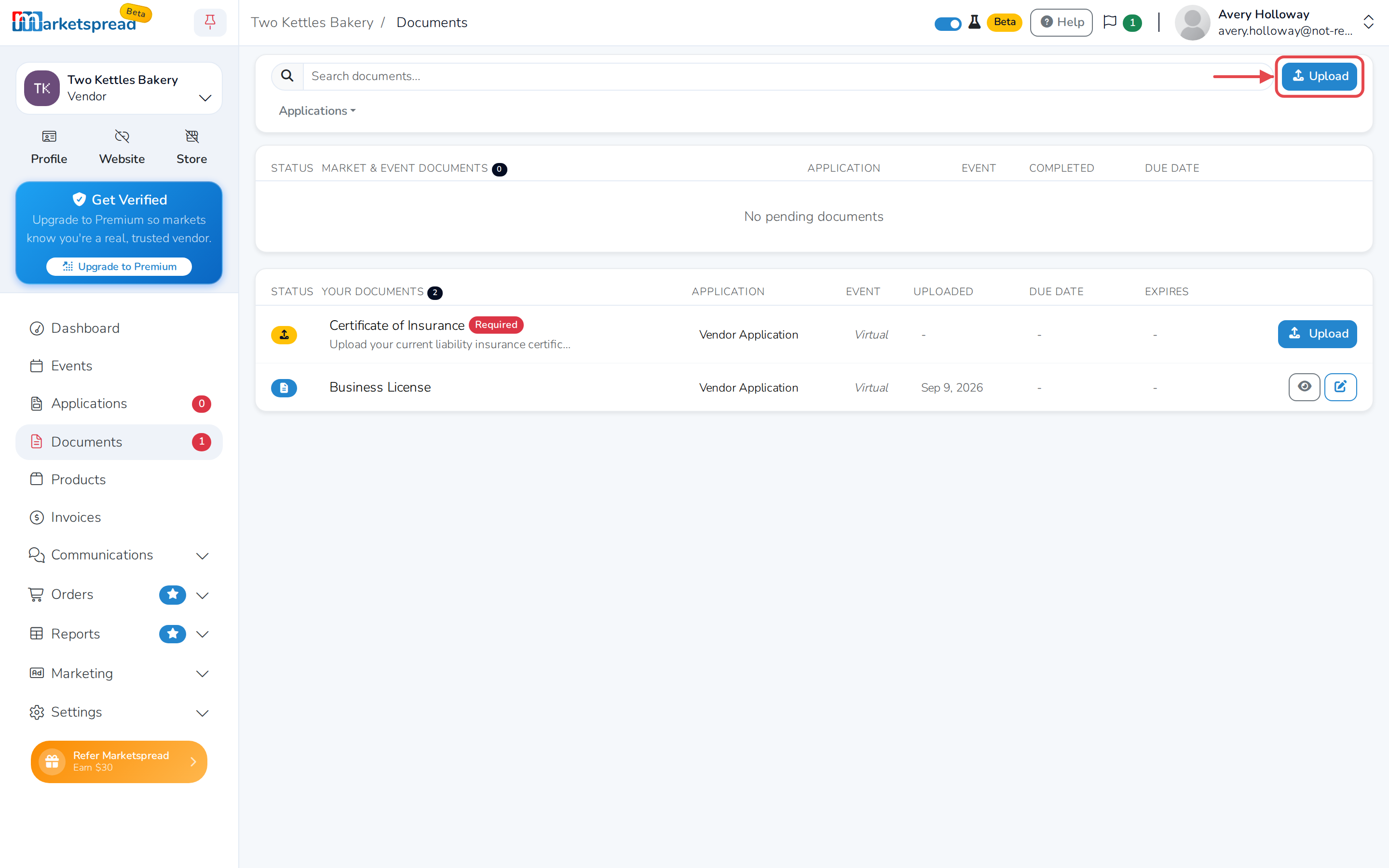 The Documents page, with Upload and the Business License already on file