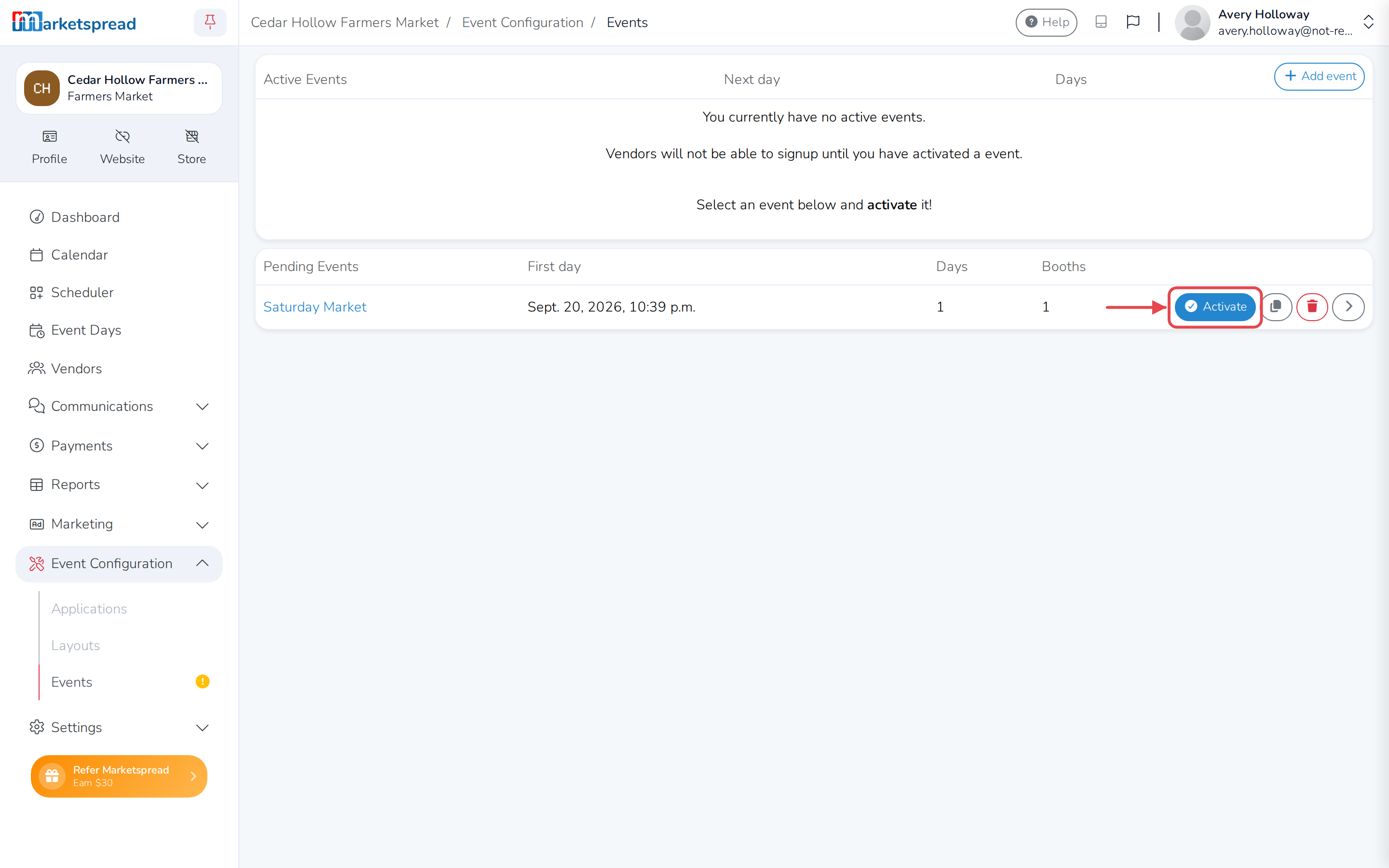The pending event in the Events list, with its Activate button