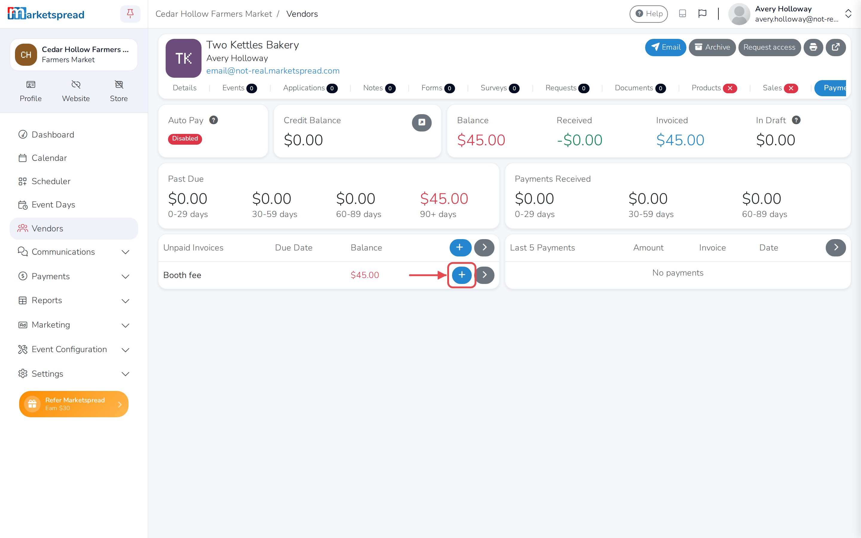 The vendor's Payments tab, with the unpaid invoice and its Add Payment button