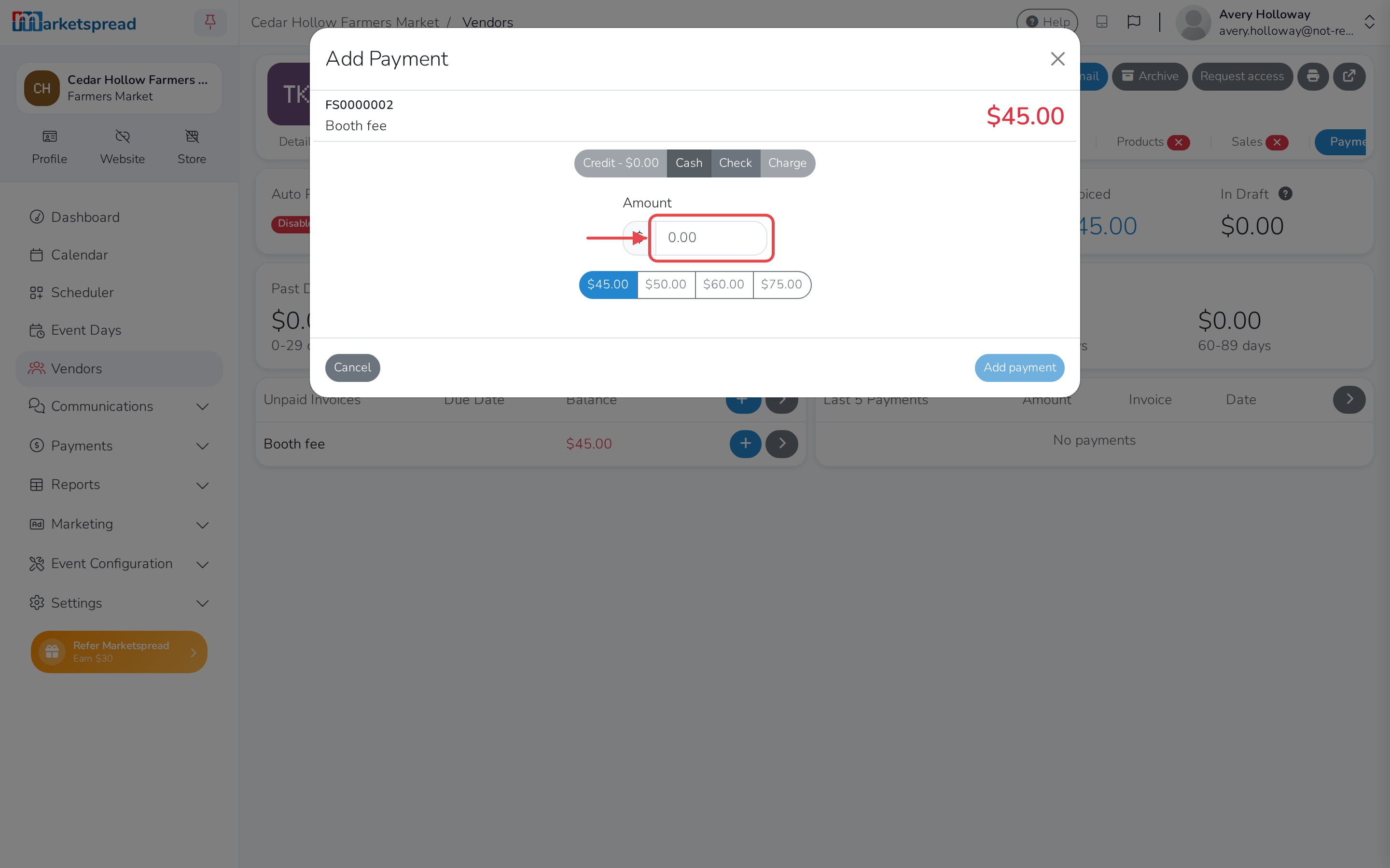 The Add Payment window, ready to record the amount paid in cash