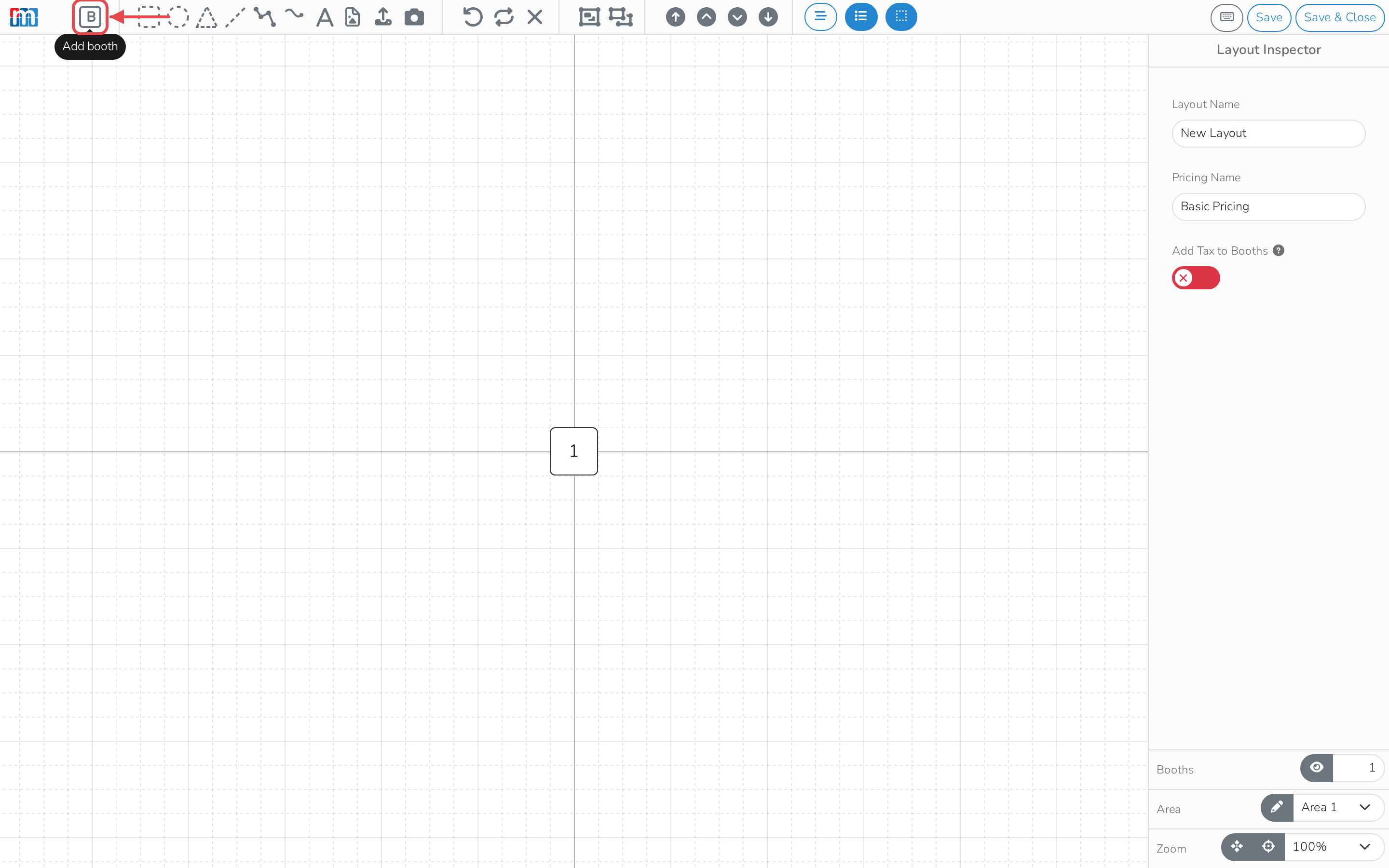 The toolbar's Add booth button, with the new space added to the middle of the canvas