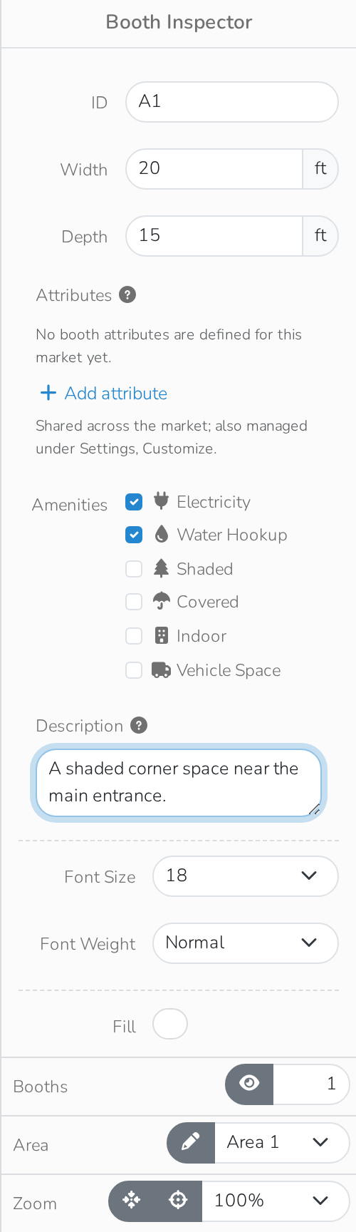 The Booth Inspector, with the new space's ID, dimensions, amenities and description filled in