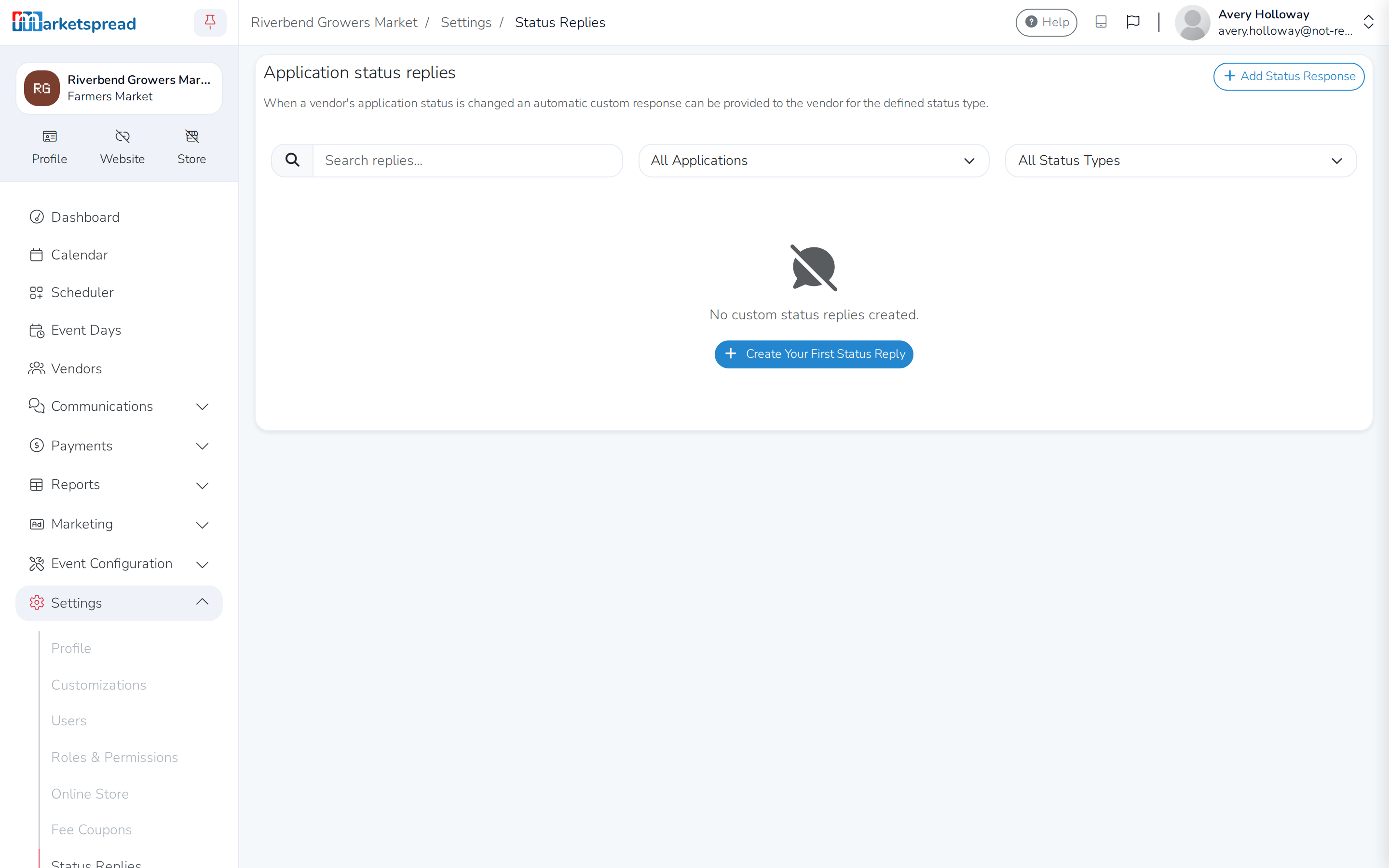 The Status Replies settings page, before any template is added