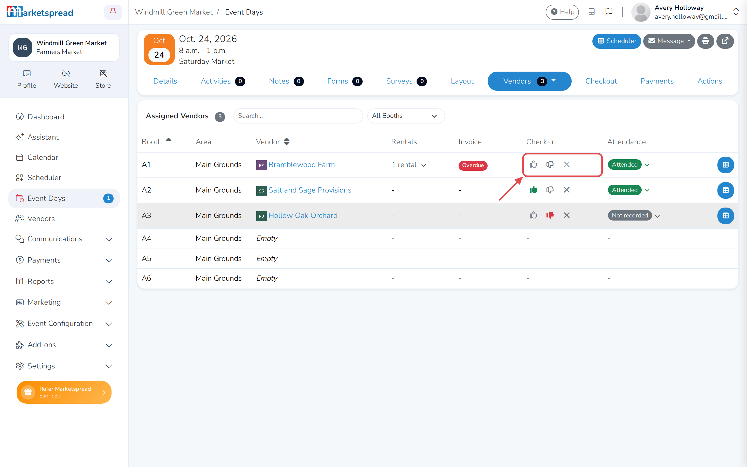 The Check-in icons: thumbs-up for Attending, thumbs-down for Not attending