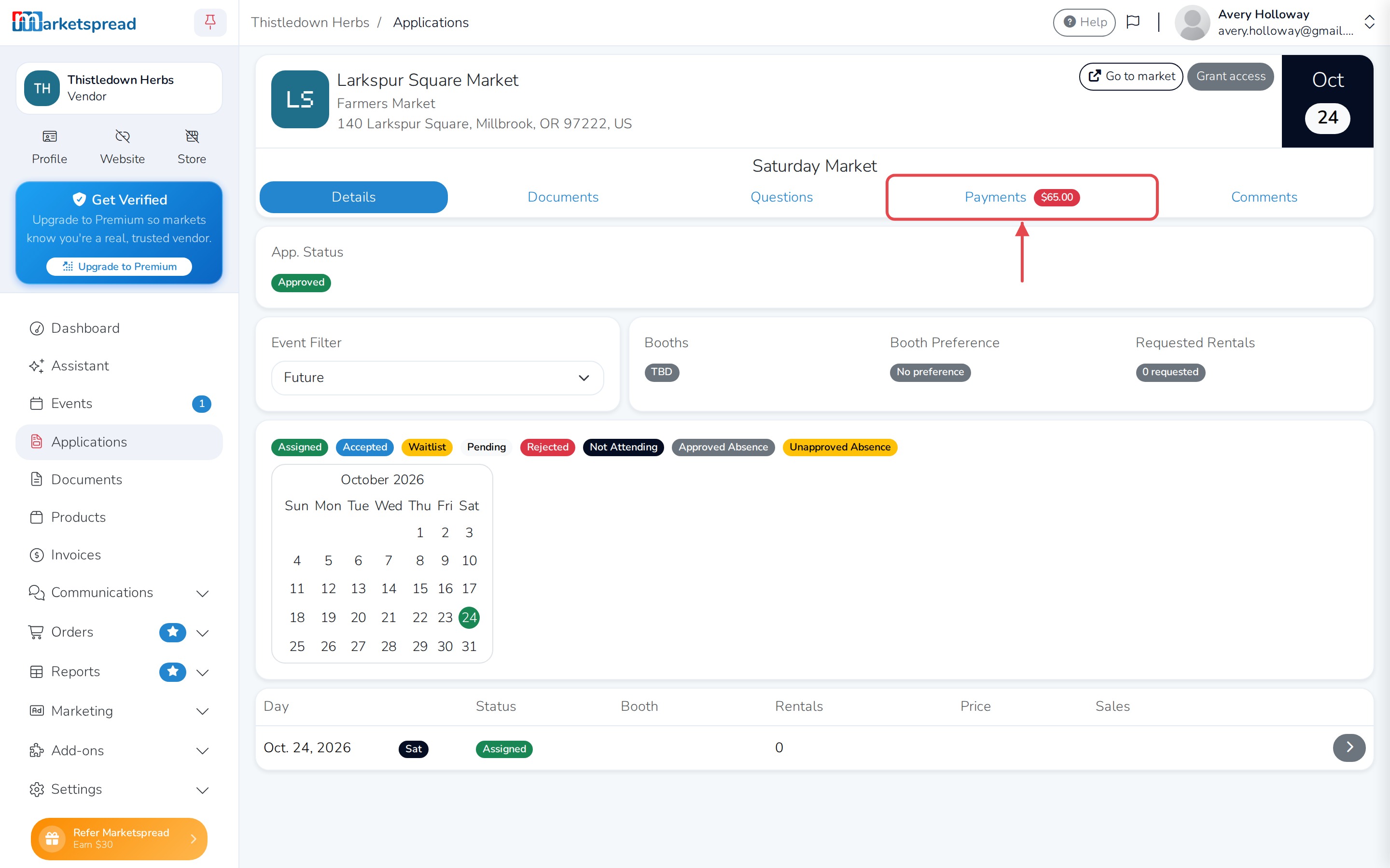 The application overview, with Payments among its tabs