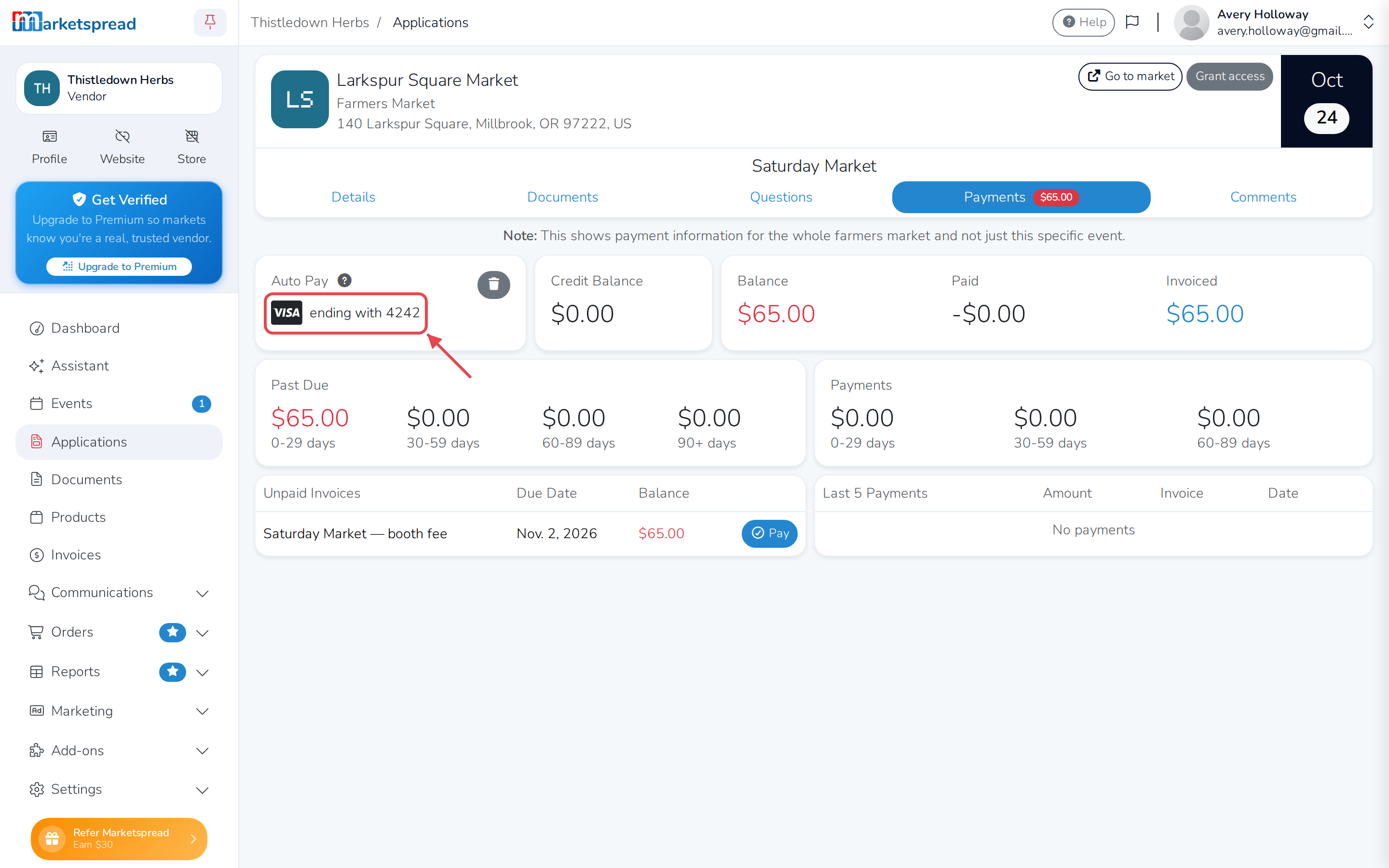 The Auto Pay section, now showing the saved card