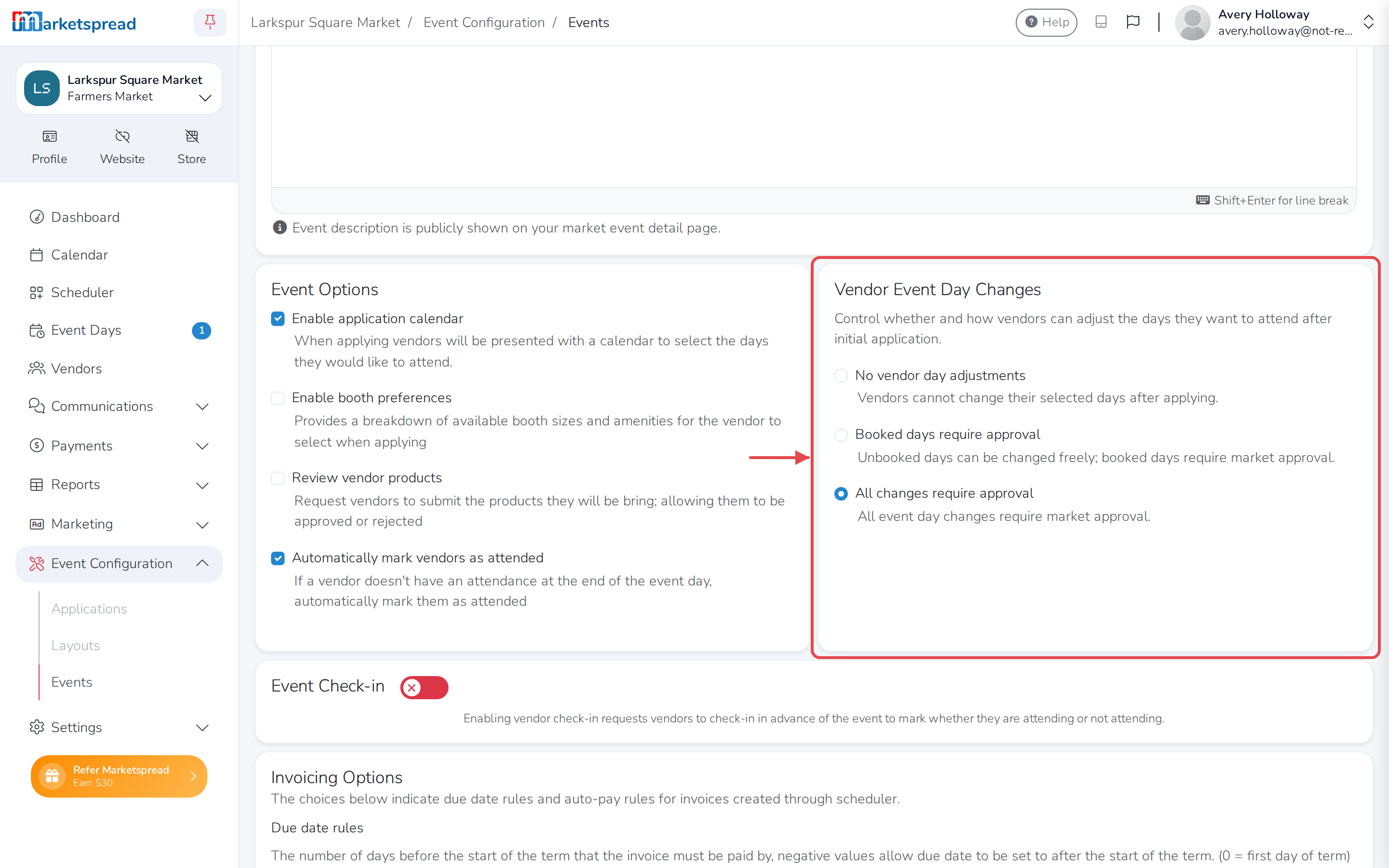 The Basic tab, with All changes require approval selected under Vendor Event Day Changes