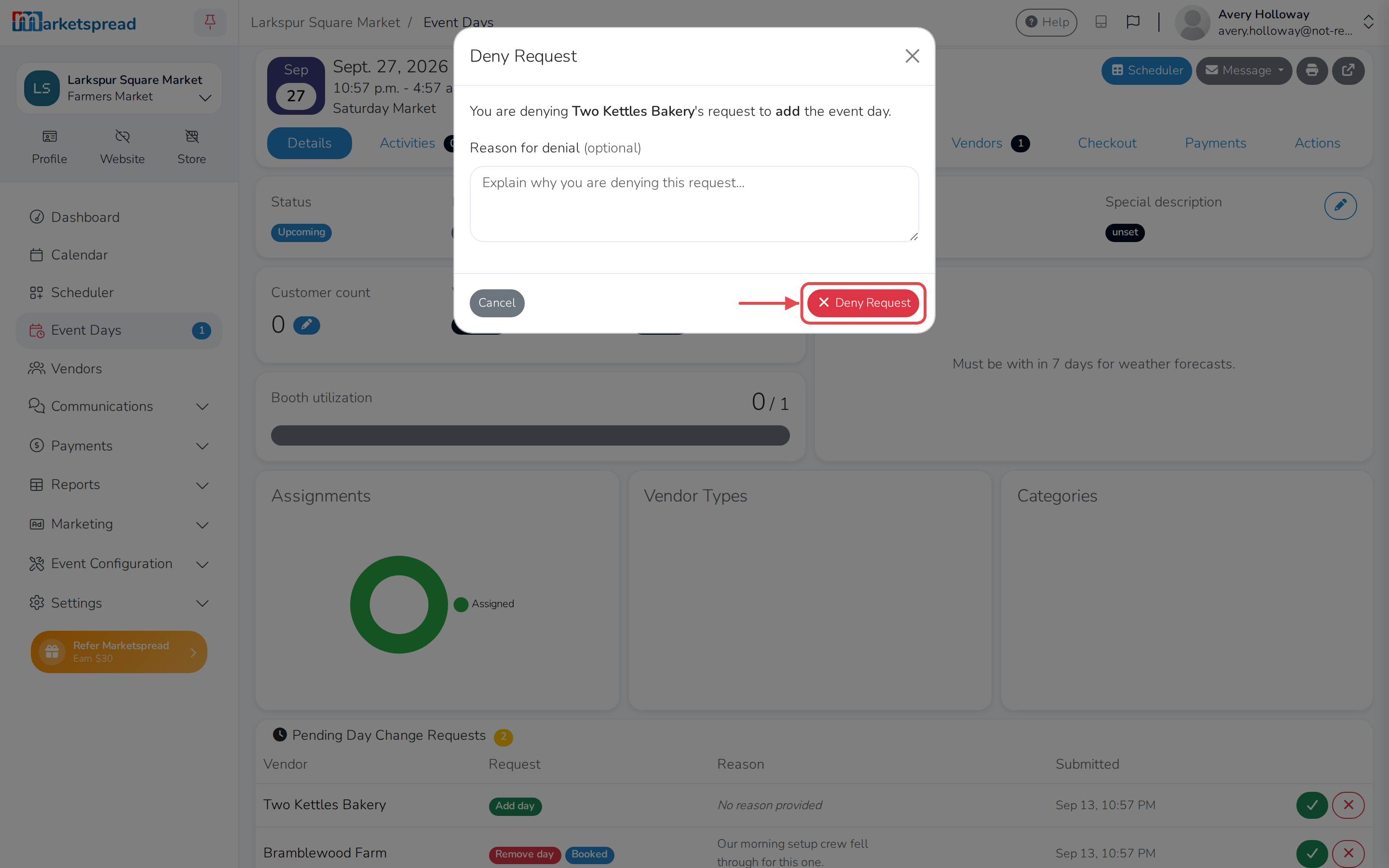The Deny Request window for Two Kettles Bakery's request, with an optional reason and Deny Request