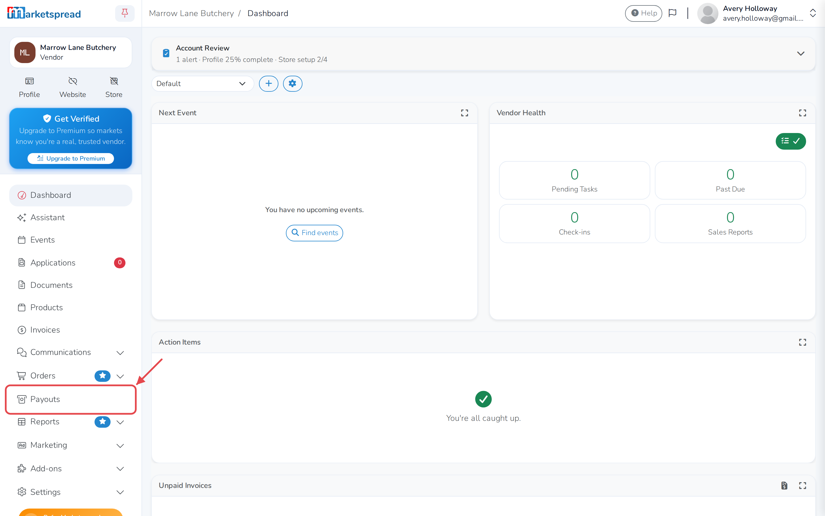 The vendor dashboard, with Payouts in the sidebar