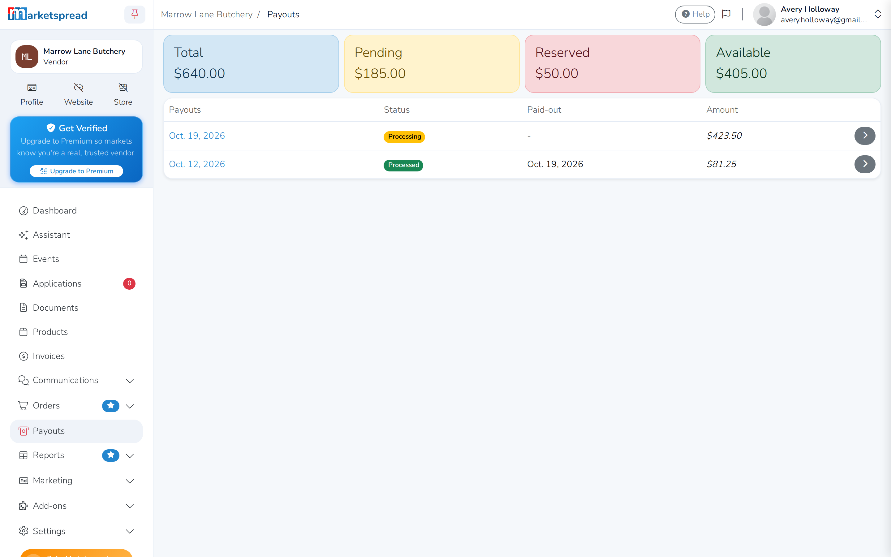 The Payouts page, with the Total, Pending, Reserved and Available figures