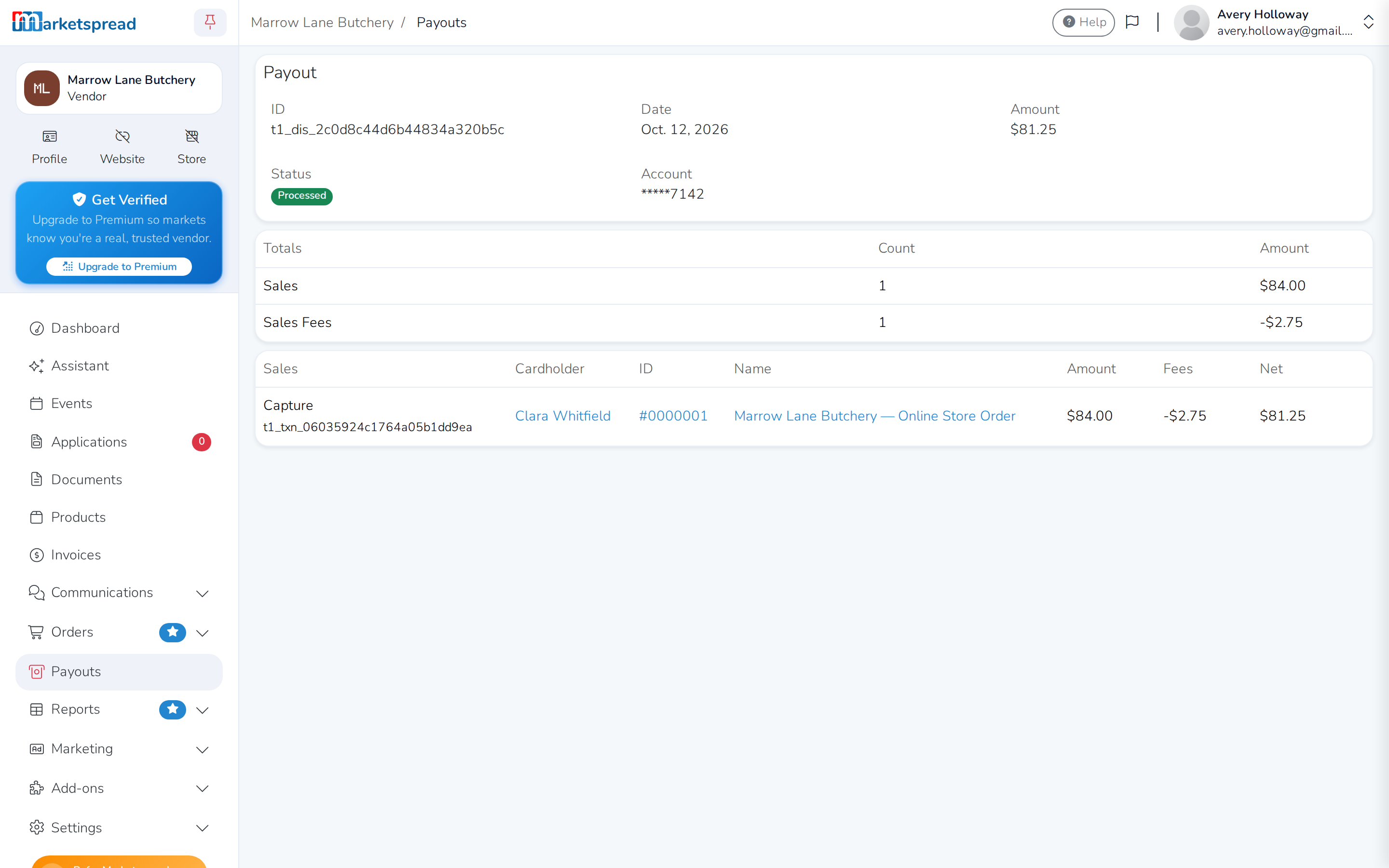 An opened payout, with its ID, Amount, Status, Account and Totals breakdown