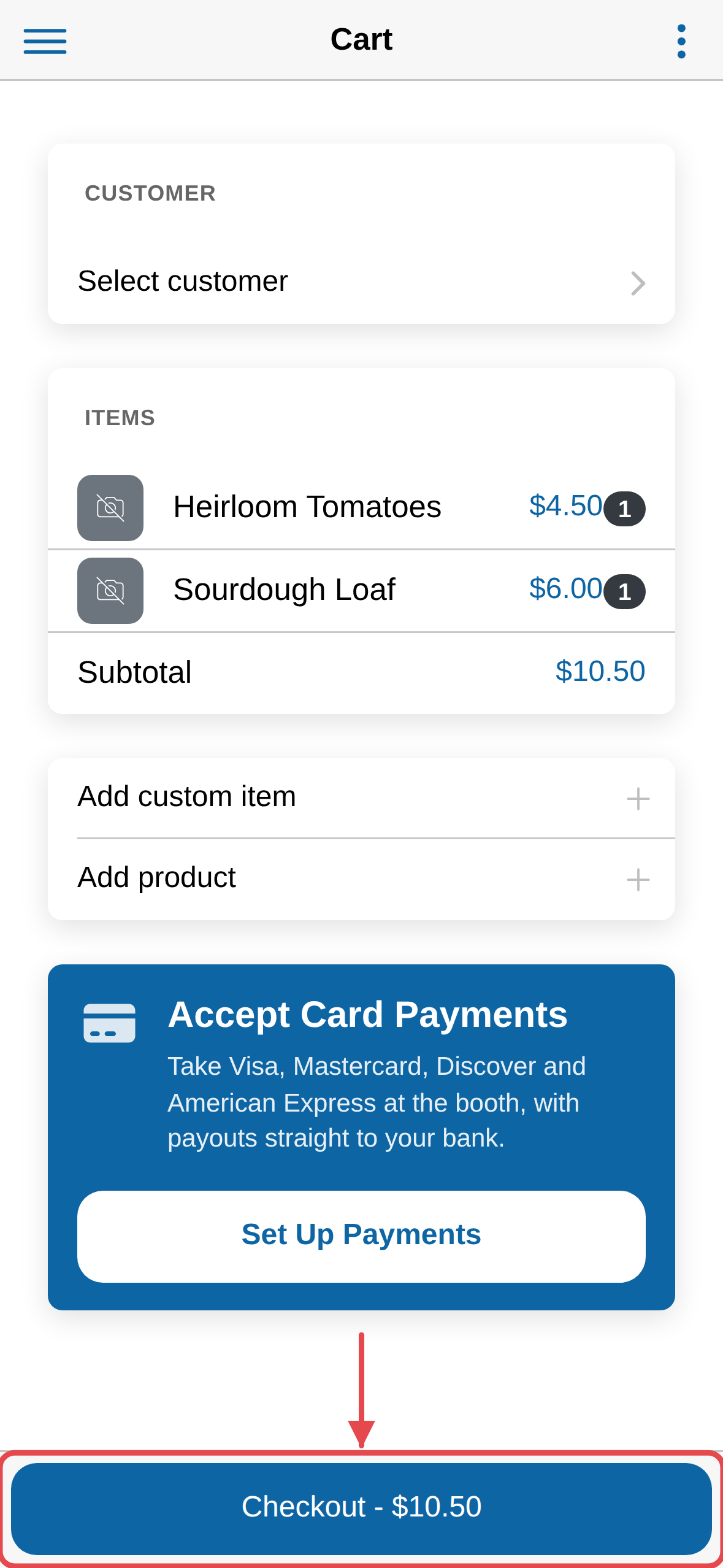 The cart with two items added, ready to check out