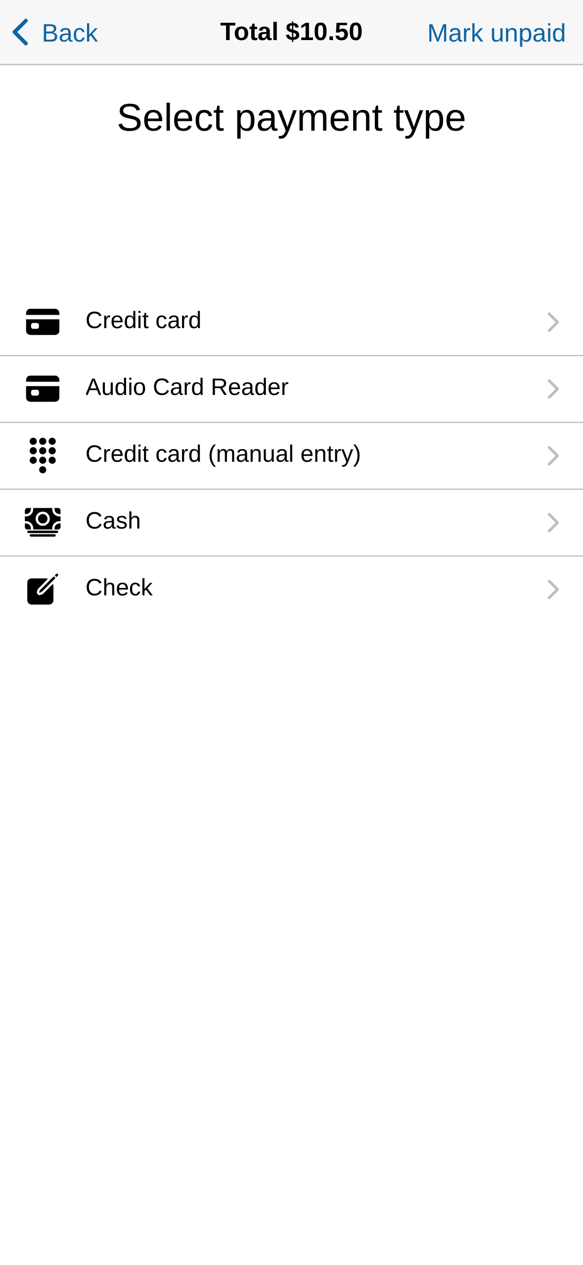 The payment types offered after tapping Checkout